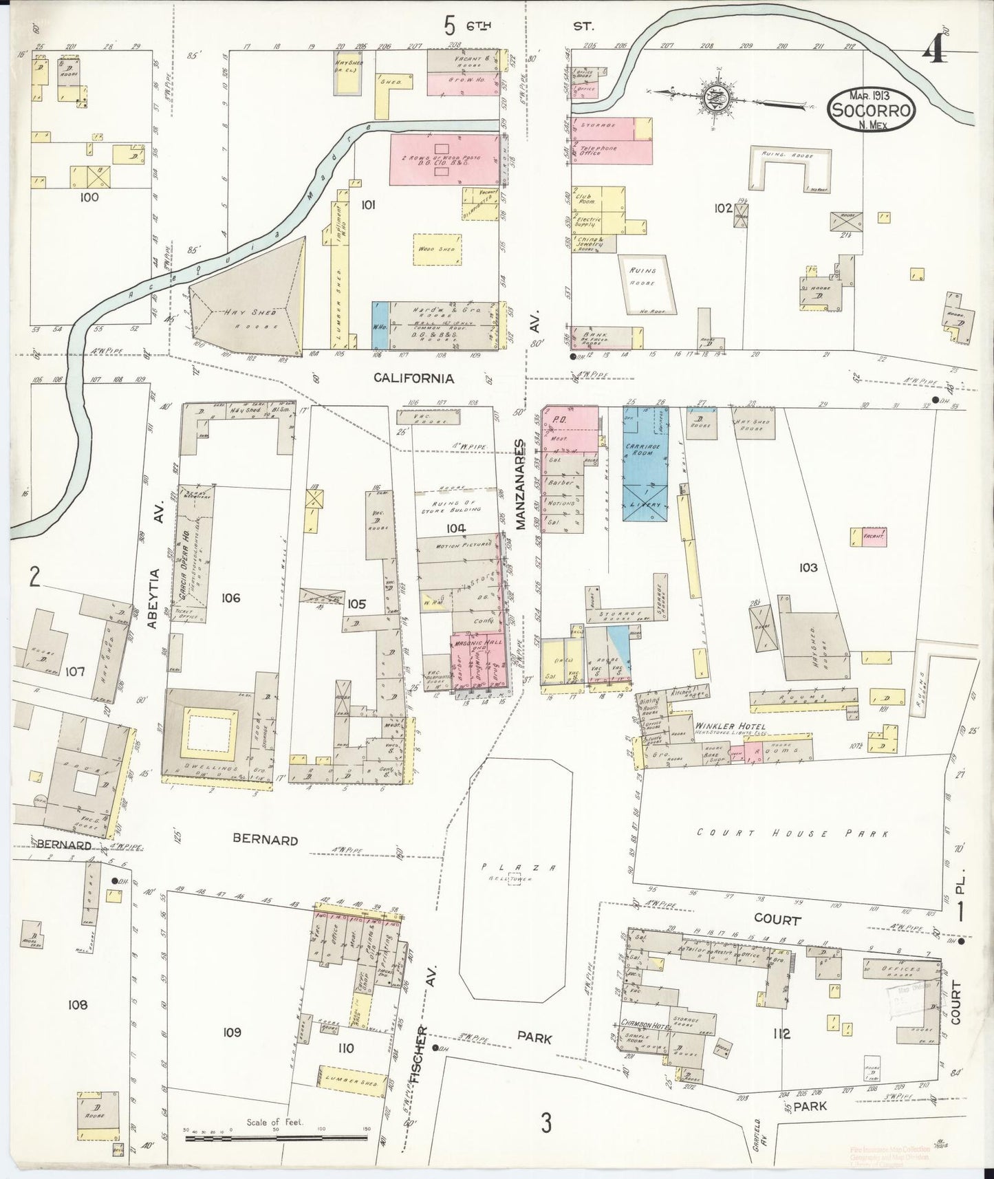 Sanborn Fire Insurance Map from Socorro, Socorro County, New Mexico (1913), Sheet #0004 - Complete Map Set gallery image, historic Sanborn map, vintage wall art, New Mexico New Mexico