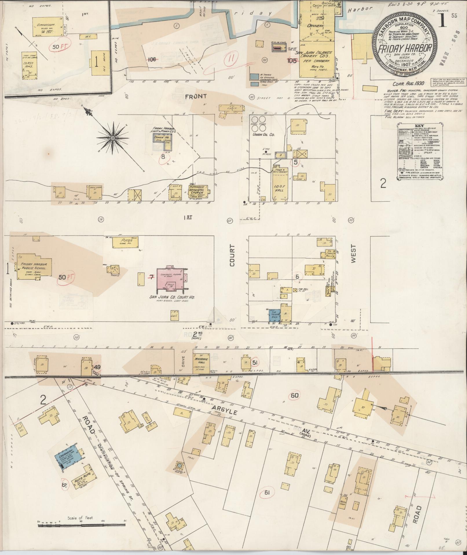 Sanborn Fire Insurance Map from Friday Harbor, San Juan County, Washington (1930), Sheet #0001 - Historic Sanborn Fire Insurance Map Print, vintage old map wall art, antique decor, genealogy gift, Washington Washington map