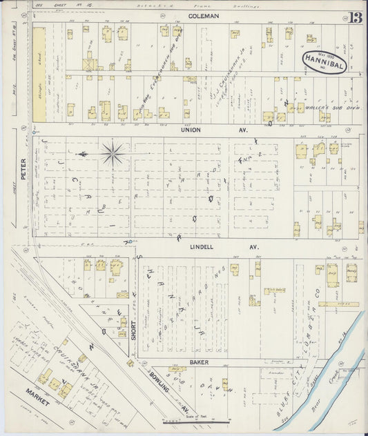 Sanborn Fire Insurance Map from Hannibal, Marion County, Missouri (1890), Sheet #0013 - Historic Sanborn Fire Insurance Map Print, vintage old map wall art, antique decor, genealogy gift, Missouri Missouri map