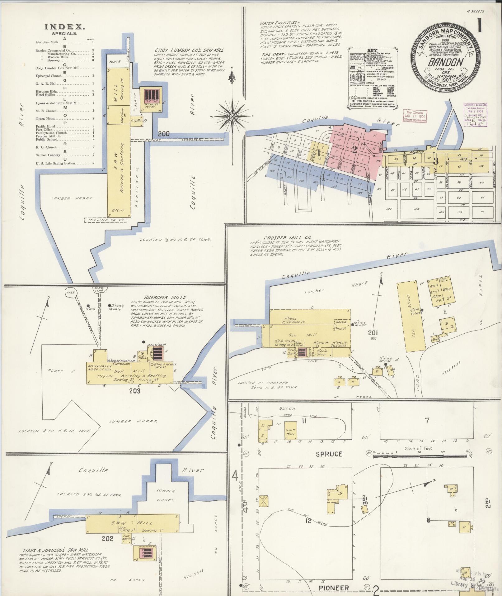 Sanborn Fire Insurance Map from Bandon, Coos County, Oregon (1907), Sheet #0001 - Historic Sanborn Fire Insurance Map Print, vintage old map wall art, antique decor, genealogy gift, Oregon Oregon map