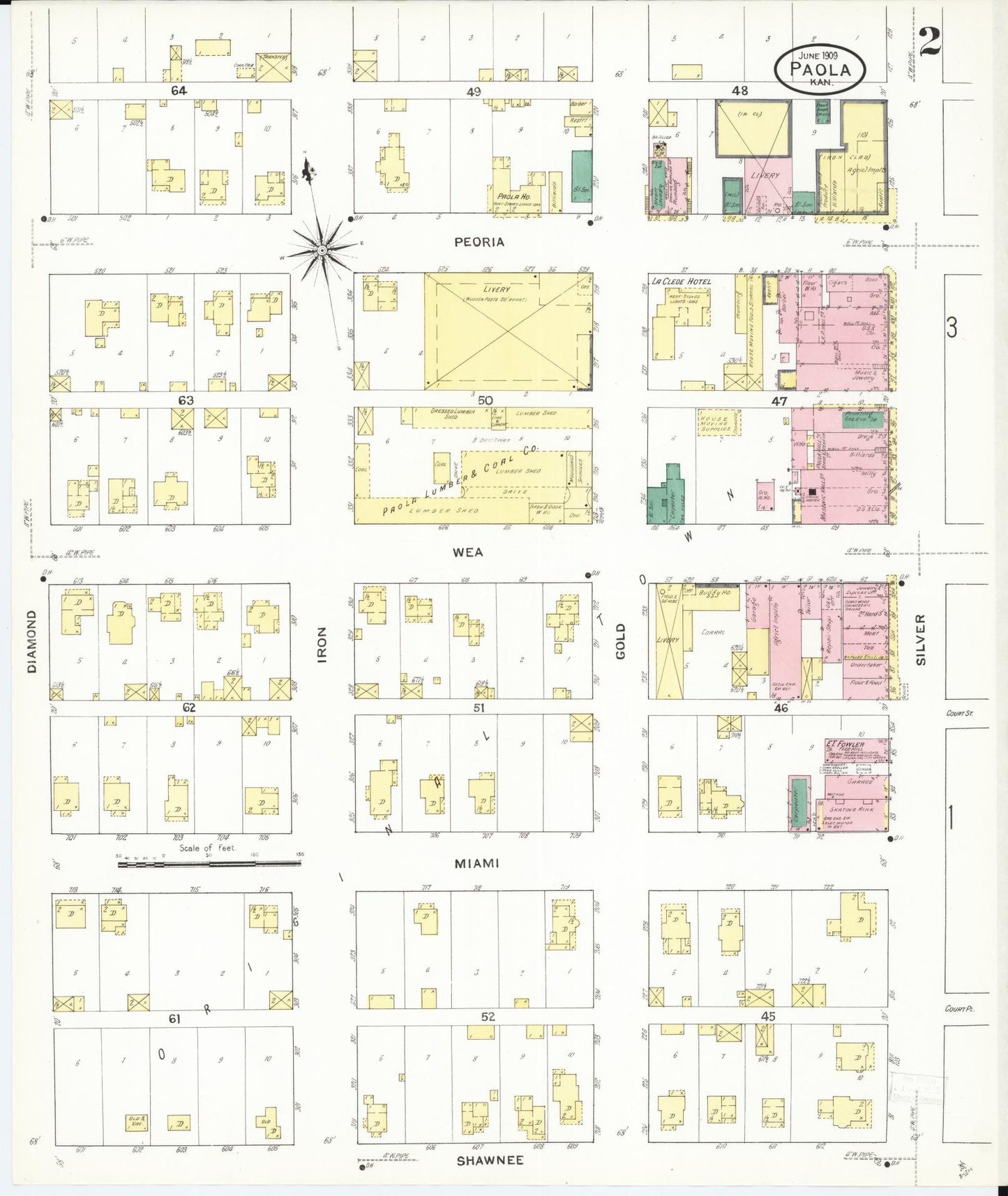 Sanborn Fire Insurance Map from Paola, Miami County, Kansas (1909), Sheet #0002 - Historic Sanborn Fire Insurance Map Print, vintage old map wall art, antique decor, genealogy gift, Kansas Kansas map