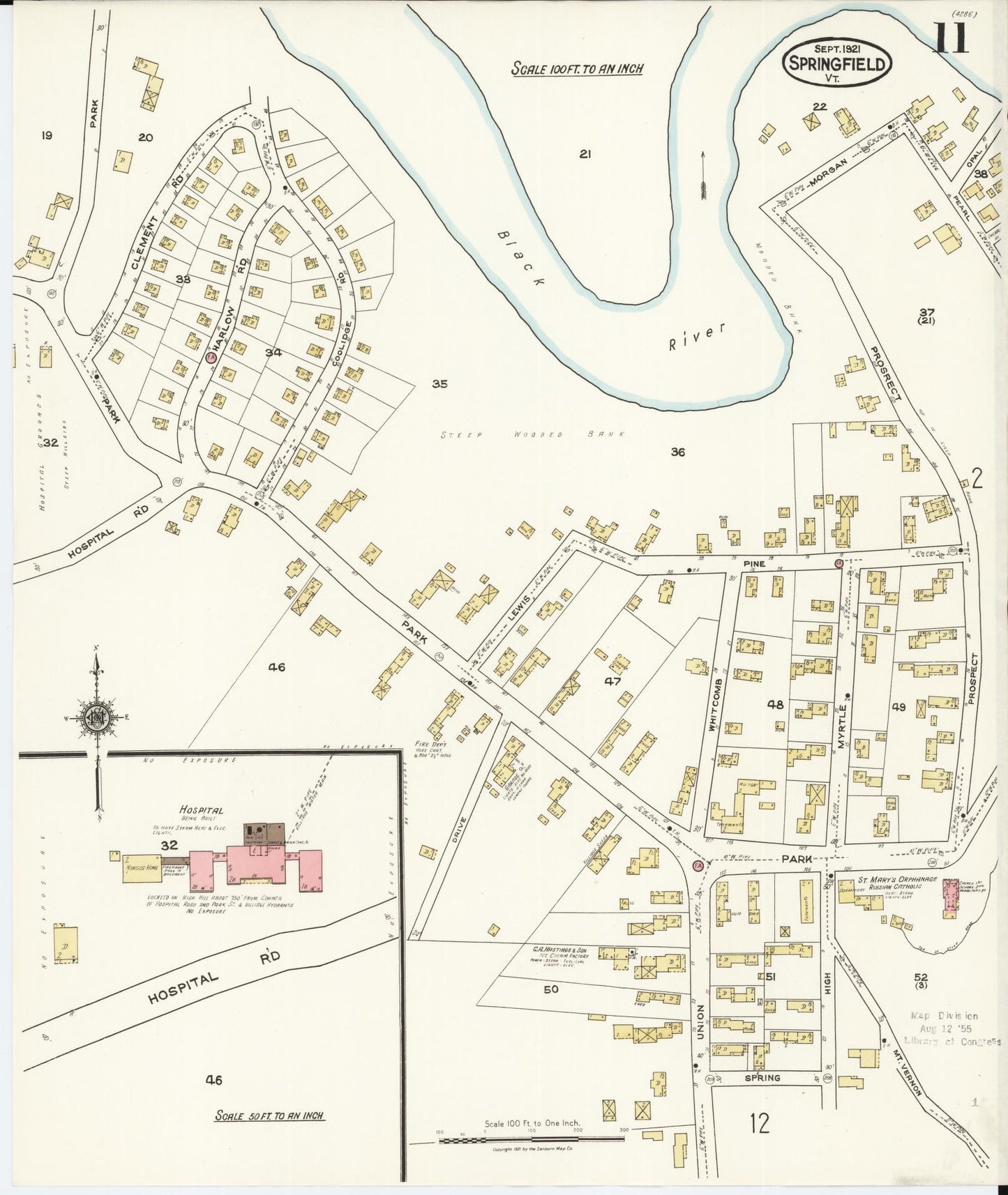 Sanborn Fire Insurance Map from Springfield, Windsor County, Vermont (1921), Sheet #0011 - Historic Sanborn Fire Insurance Map Print, vintage old map wall art, antique decor, genealogy gift, Vermont Vermont map