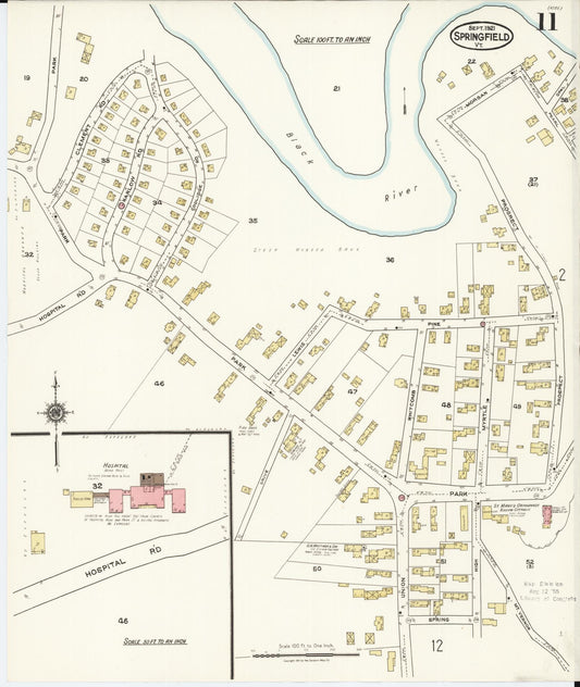 Sanborn Fire Insurance Map from Springfield, Windsor County, Vermont (1921), Sheet #0011 - Historic Sanborn Fire Insurance Map Print, vintage old map wall art, antique decor, genealogy gift, Vermont Vermont map