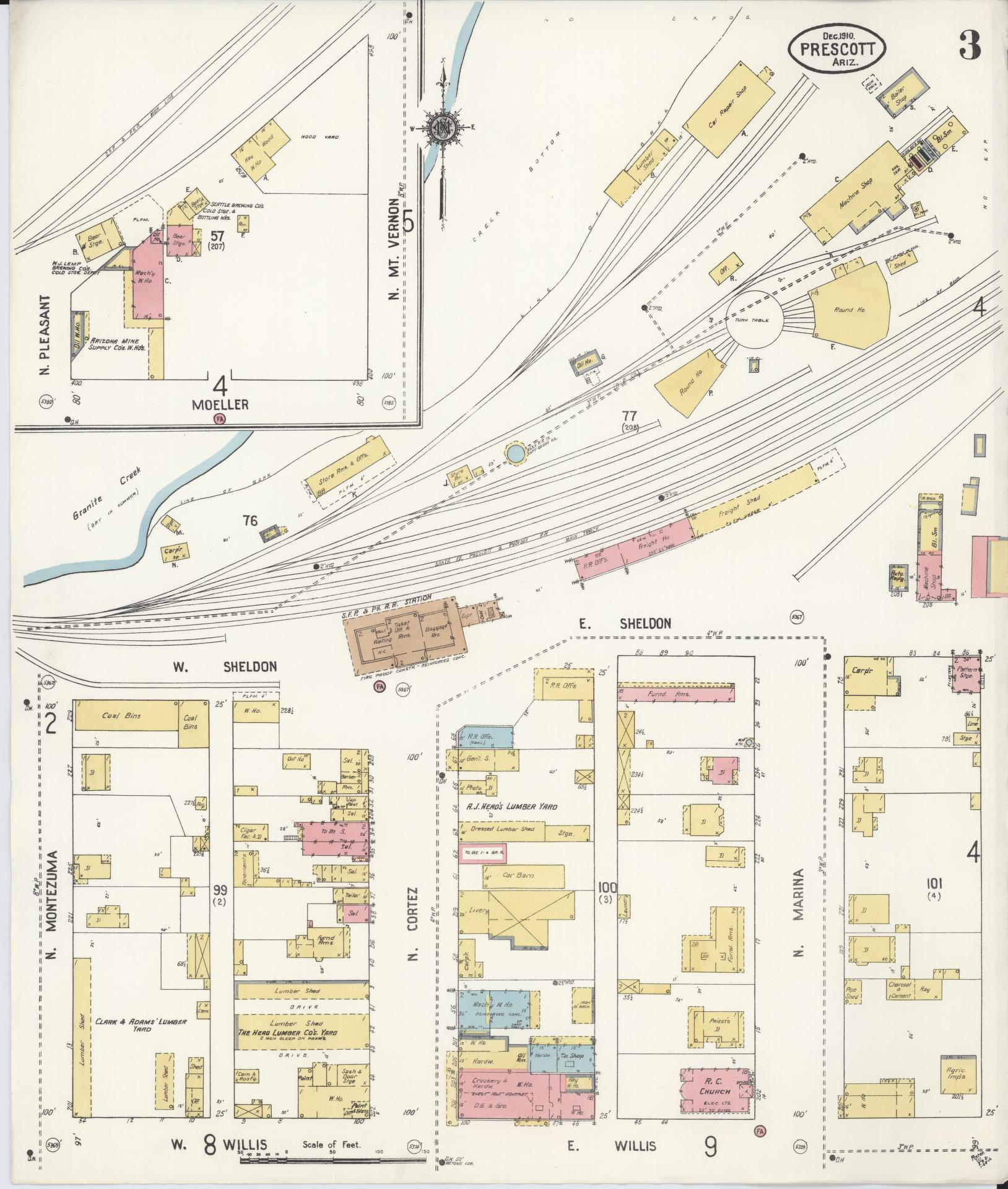 Sanborn Fire Insurance Map from Prescott, Yavapai County, Arizona (1910), Sheet #0003 - Historic Sanborn Fire Insurance Map Print, vintage old map wall art, antique decor, genealogy gift, Arizona Arizona map