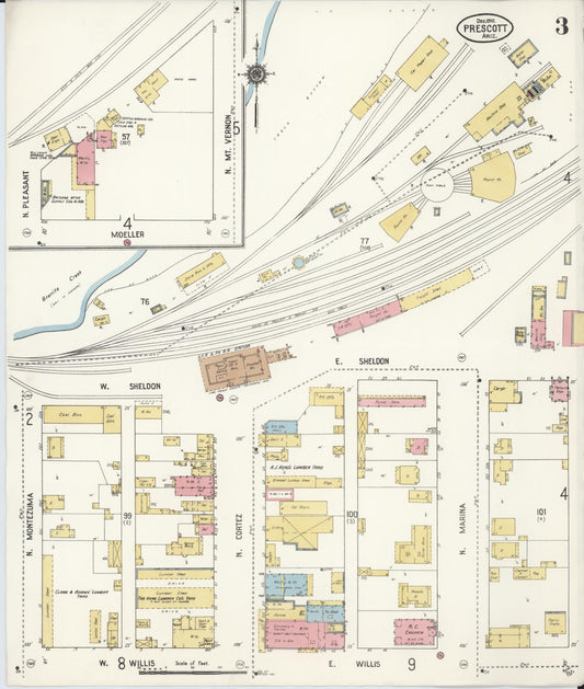 Sanborn Fire Insurance Map from Prescott, Yavapai County, Arizona (1910), Sheet #0003 - Historic Sanborn Fire Insurance Map Print, vintage old map wall art, antique decor, genealogy gift, Arizona Arizona map