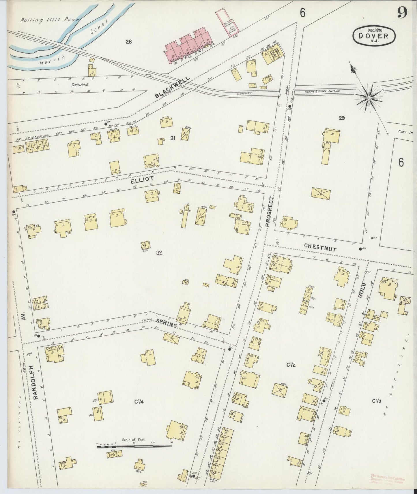 Sanborn Fire Insurance Map from Dover, Morris County, New Jersey (1896), Sheet #0009 - Historic Sanborn Fire Insurance Map Print, vintage old map wall art, antique decor, genealogy gift, New Jersey New Jersey map