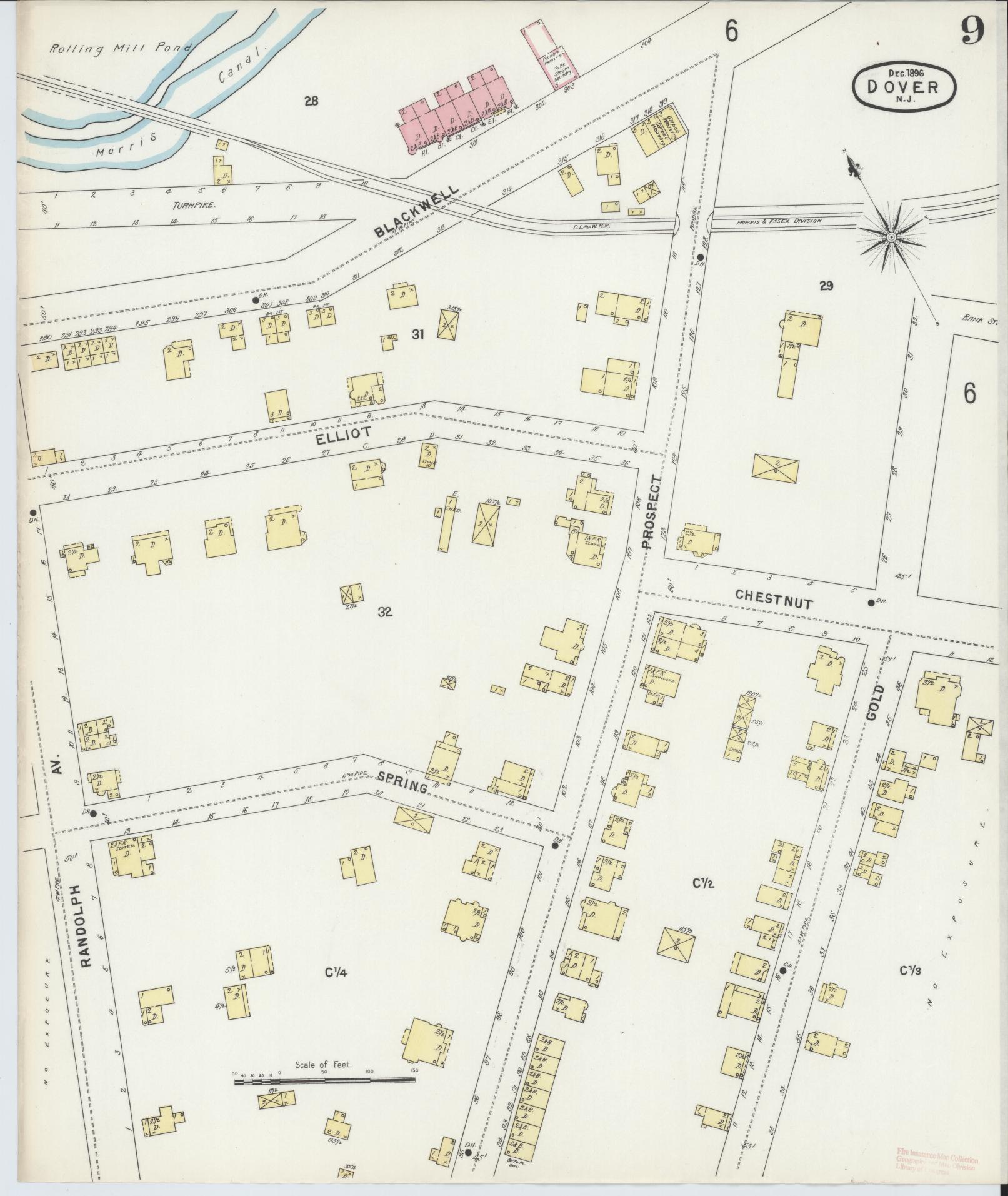Sanborn Fire Insurance Map from Dover, Morris County, New Jersey (1896), Sheet #0009 - Historic Sanborn Fire Insurance Map Print, vintage old map wall art, antique decor, genealogy gift, New Jersey New Jersey map