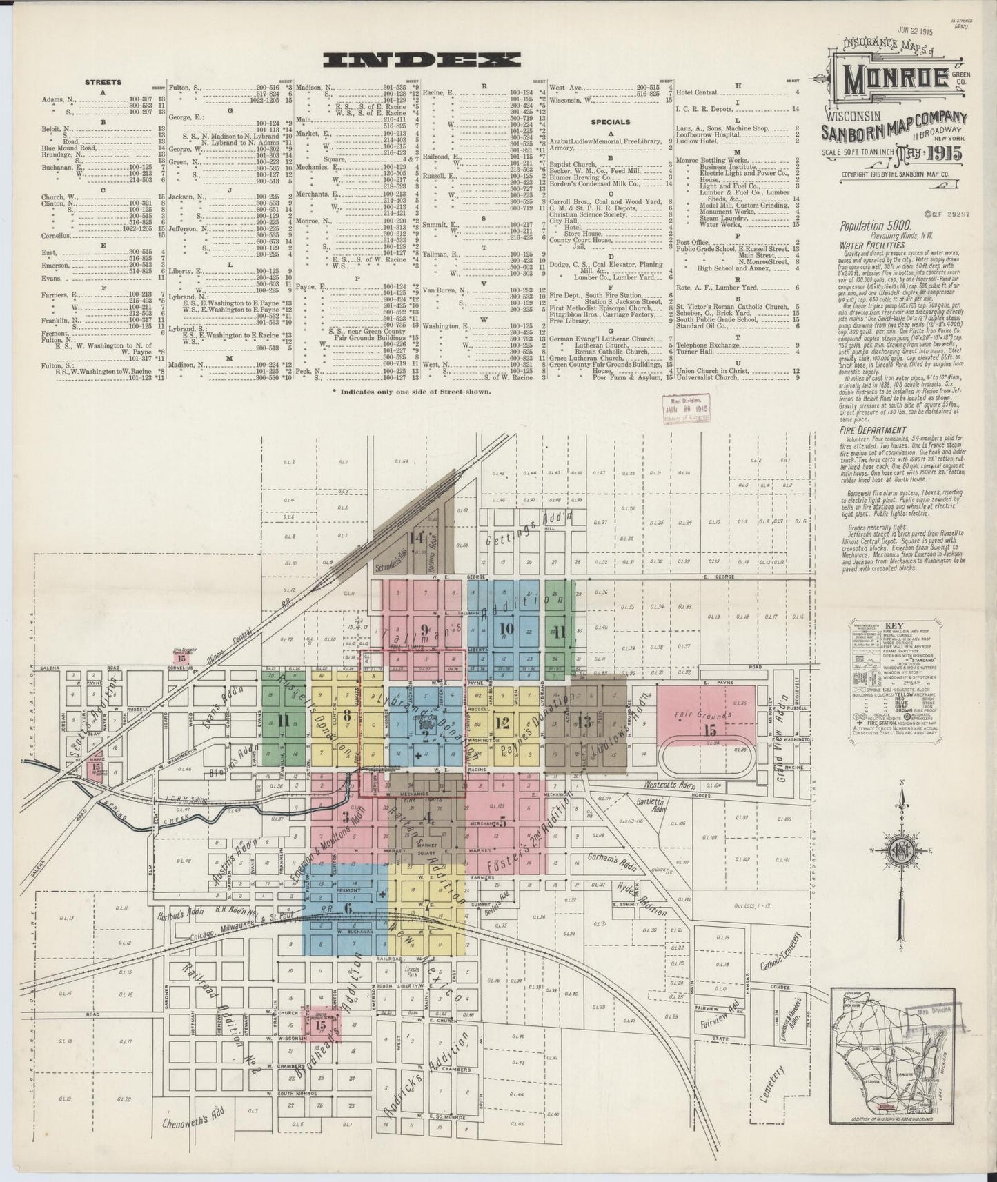 Sanborn Fire Insurance Map from Monroe, Green County, Wisconsin (1915), Sheet #0001 - Complete Map Set gallery image, historic Sanborn map, vintage wall art, Wisconsin Wisconsin