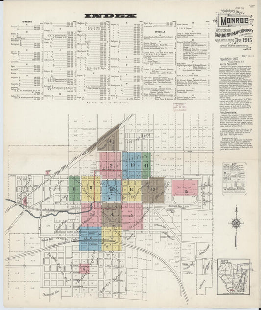 Sanborn Fire Insurance Map from Monroe, Green County, Wisconsin (1915), Sheet #0001 - Complete Map Set gallery image, historic Sanborn map, vintage wall art, Wisconsin Wisconsin