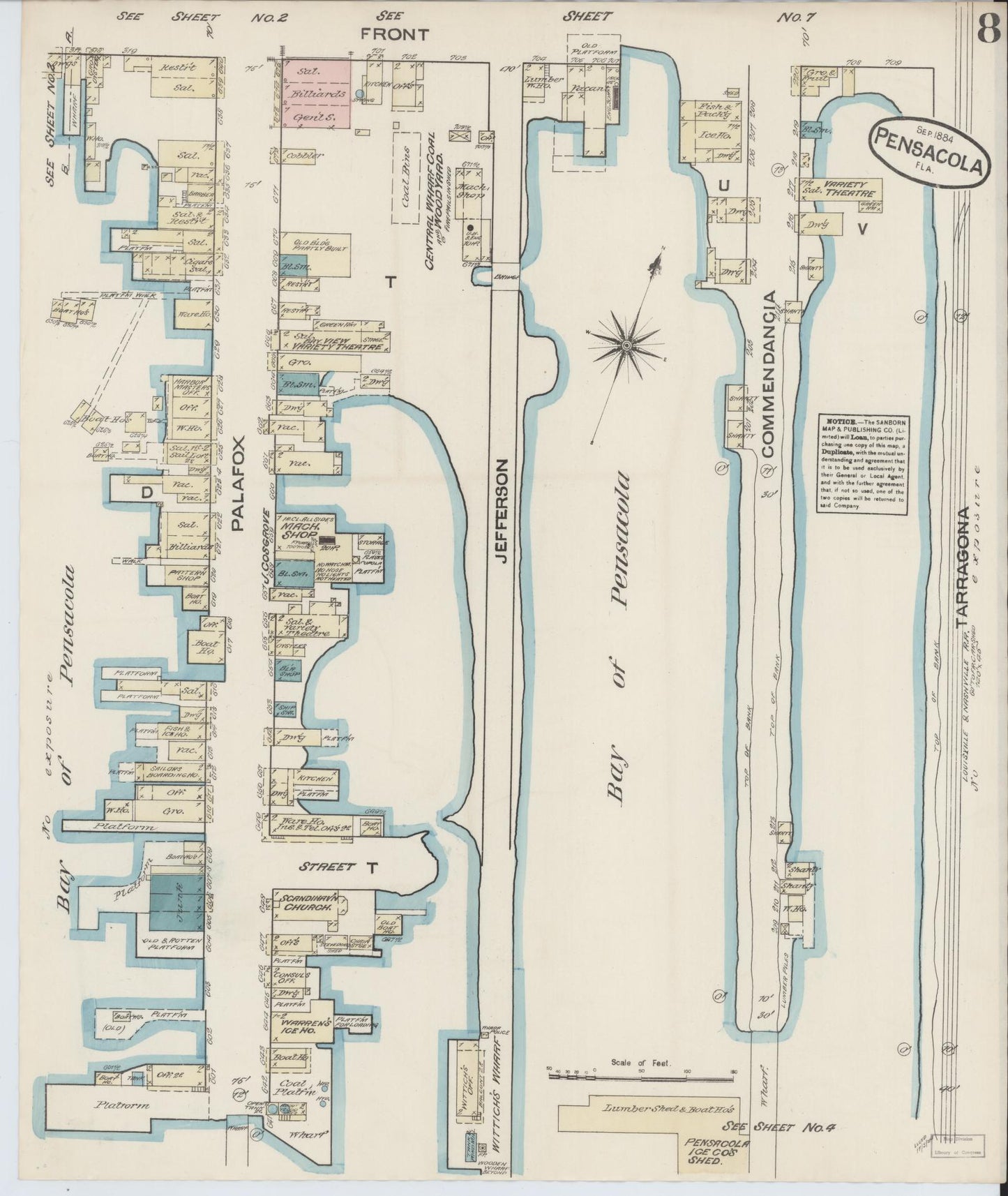 Sanborn Fire Insurance Map from Pensacola, Escambia County, Florida (1884), Sheet #0008 - Complete Map Set gallery image, historic Sanborn map, vintage wall art, Florida Florida