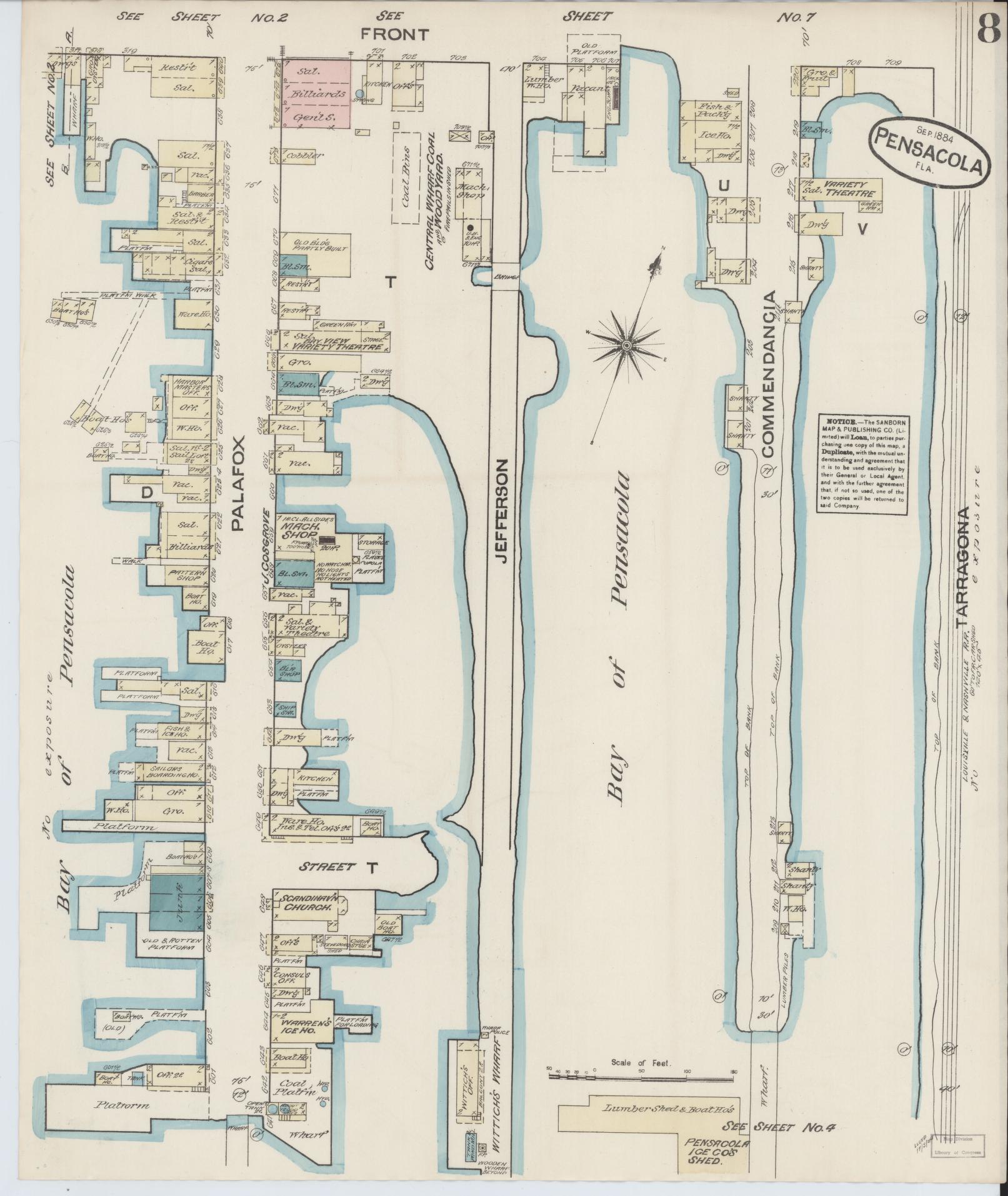 Sanborn Fire Insurance Map from Pensacola, Escambia County, Florida (1884), Sheet #0008 - Complete Map Set gallery image, historic Sanborn map, vintage wall art, Florida Florida