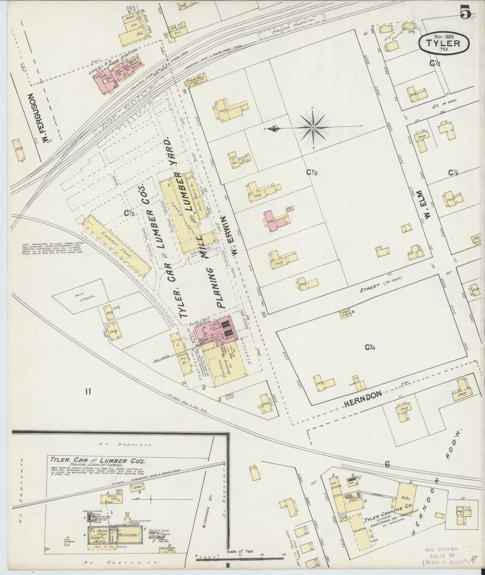 Sanborn Fire Insurance Map from Tyler, Smith County, Texas (1889), Sheet #0005 - Historic Sanborn Fire Insurance Map Print, vintage old map wall art, antique decor, genealogy gift, Texas Texas map