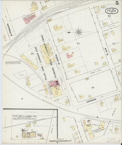 Sanborn Fire Insurance Map from Tyler, Smith County, Texas (1889), Sheet #0005 - Historic Sanborn Fire Insurance Map Print, vintage old map wall art, antique decor, genealogy gift, Texas Texas map