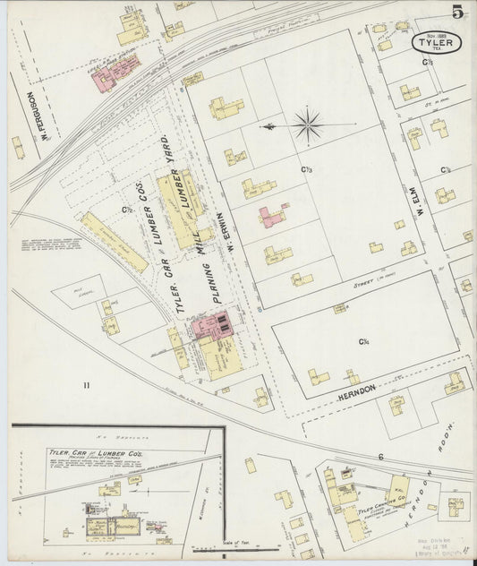Sanborn Fire Insurance Map from Tyler, Smith County, Texas (1889), Sheet #0005 - Historic Sanborn Fire Insurance Map Print, vintage old map wall art, antique decor, genealogy gift, Texas Texas map