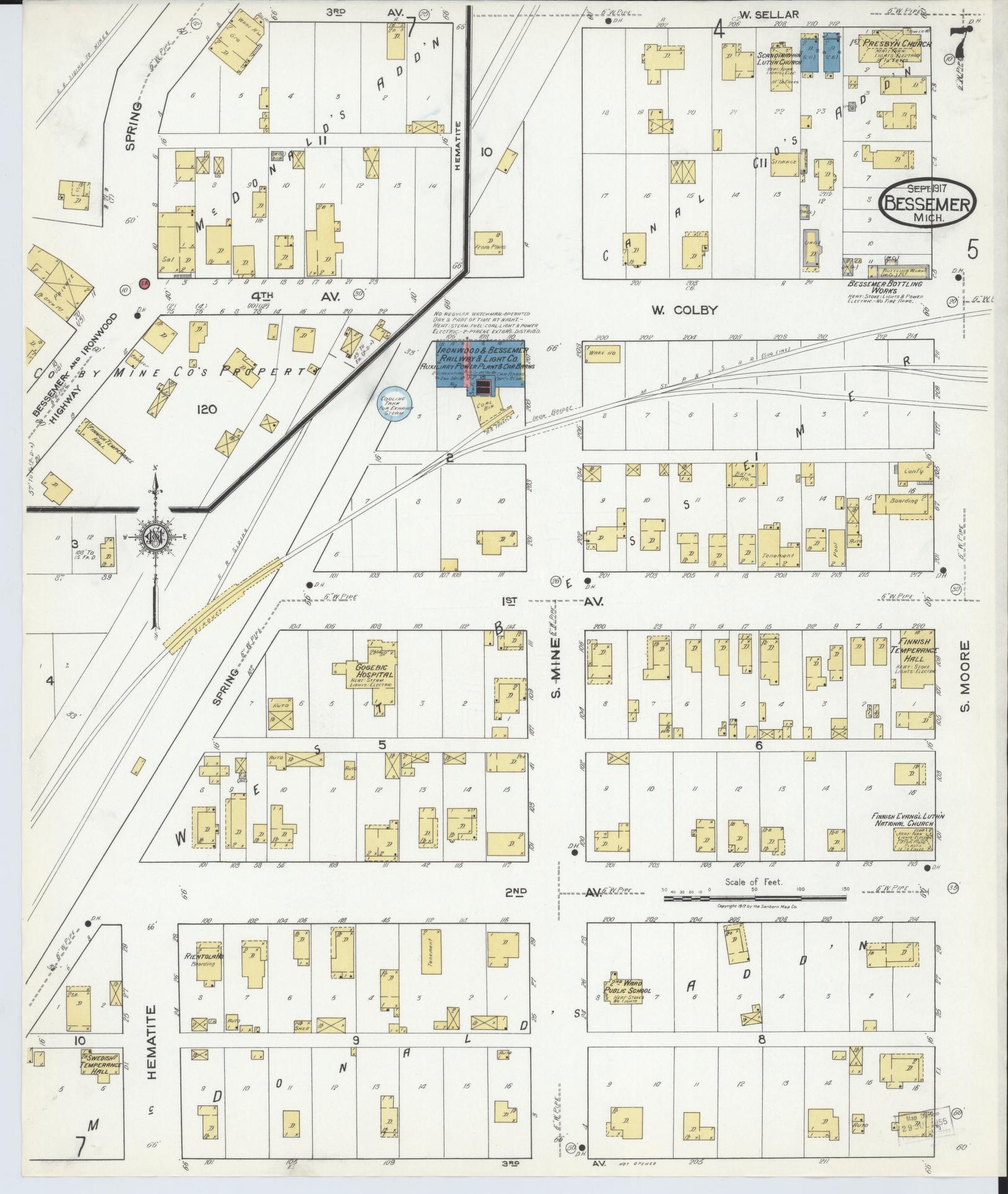 Sanborn Fire Insurance Map from Bessemer, Gogebic County, Michigan (1917), Sheet #0007 - Complete Map Set gallery image, historic Sanborn map, vintage wall art, Michigan Michigan