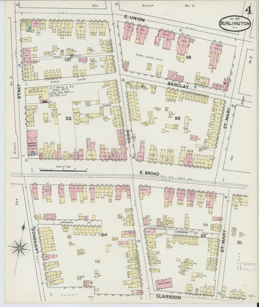 Sanborn Fire Insurance Map from Burlington, Burlington County, New Jersey (1891), Sheet #0004 - Historic Sanborn Fire Insurance Map Print, vintage old map wall art, antique decor, genealogy gift, New Jersey New Jersey map
