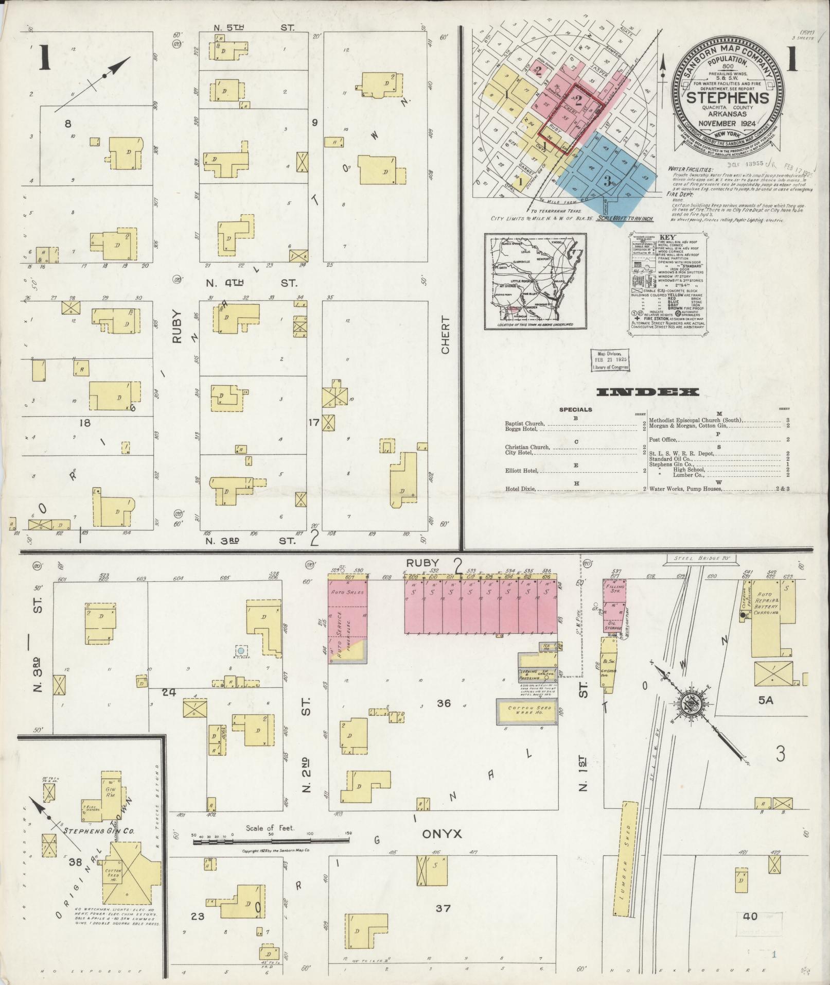 Sanborn Fire Insurance Map from Stephens, Ouachita County, Arkansas (1924), Sheet #0001 - Complete Map Set gallery image, historic Sanborn map, vintage wall art, Arkansas Arkansas