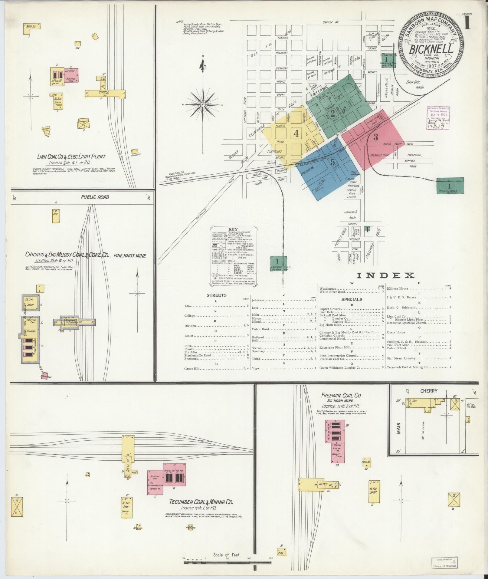 Sanborn Fire Insurance Map from Bicknell, Knox County, Indiana (1907), Sheet #0001 - Complete Map Set gallery image, historic Sanborn map, vintage wall art, Indiana Indiana
