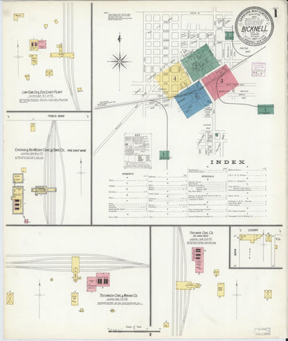 Sanborn Fire Insurance Map from Bicknell, Knox County, Indiana (1907), Sheet #0001 - Complete Map Set gallery image, historic Sanborn map, vintage wall art, Indiana Indiana