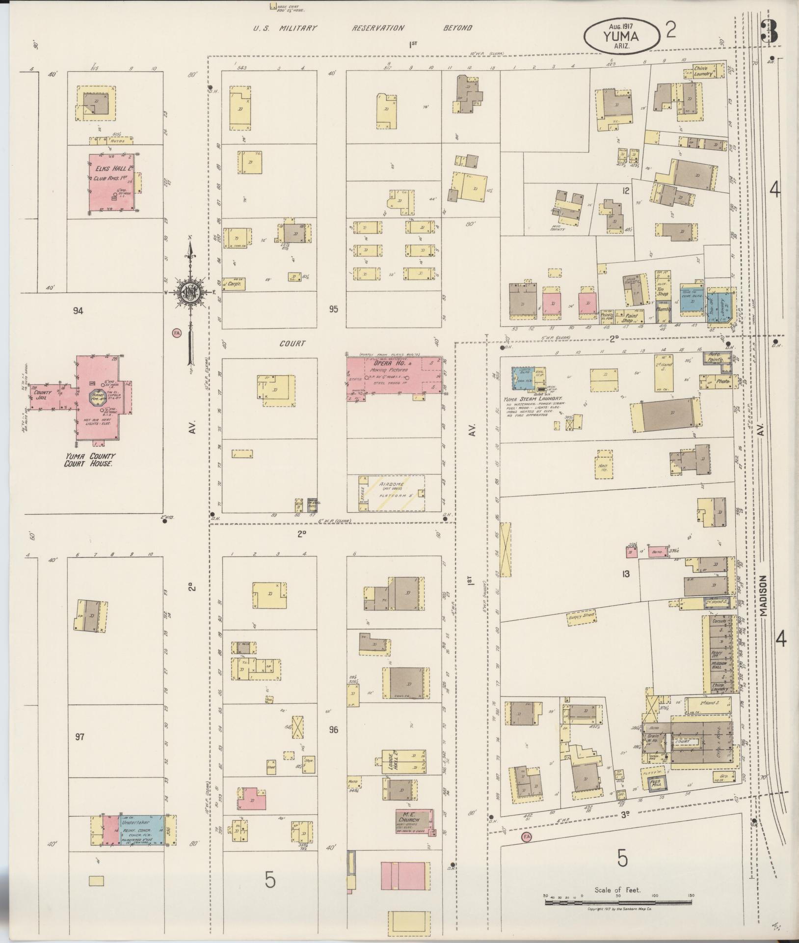 Sanborn Fire Insurance Map from Yuma, Yuma County, Arizona (1917), Sheet #0003 - Historic Sanborn Fire Insurance Map Print, vintage old map wall art, antique decor, genealogy gift, Arizona Arizona map