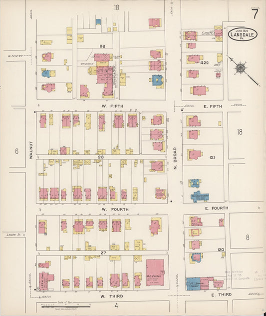 Sanborn Fire Insurance Map from Lansdale, Montgomery County, Pennsylvania (1922), Sheet #0007 - Historic Sanborn Fire Insurance Map Print, vintage old map wall art, antique decor, genealogy gift, Pennsylvania Pennsylvania map