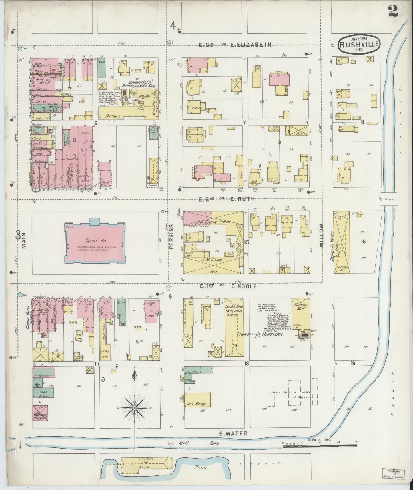 Sanborn Fire Insurance Map from Rushville, Rush County, Indiana (1896), Sheet #0002 - Complete Map Set gallery image, historic Sanborn map, vintage wall art, Indiana Indiana