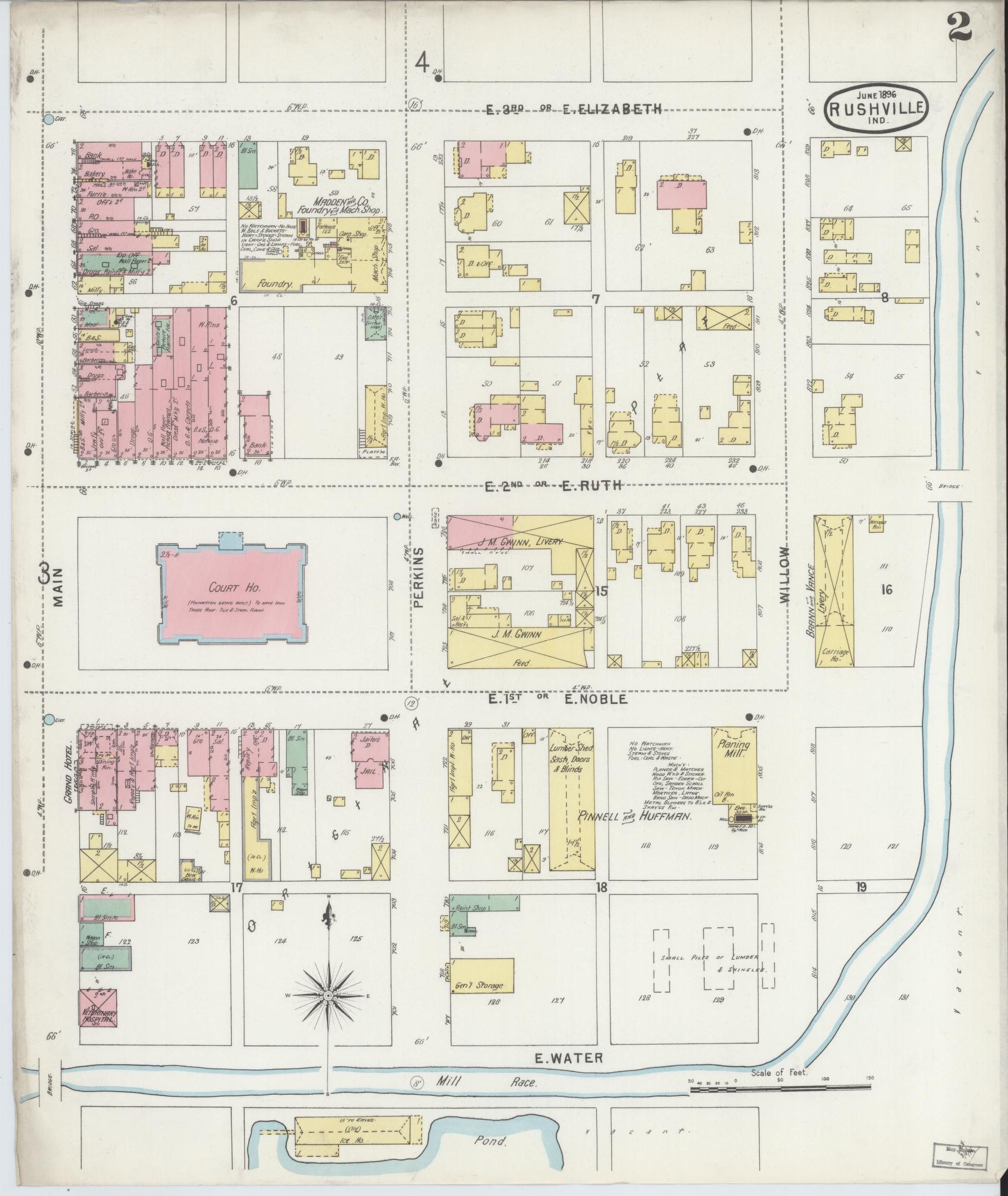 Sanborn Fire Insurance Map from Rushville, Rush County, Indiana (1896), Sheet #0002 - Complete Map Set gallery image, historic Sanborn map, vintage wall art, Indiana Indiana