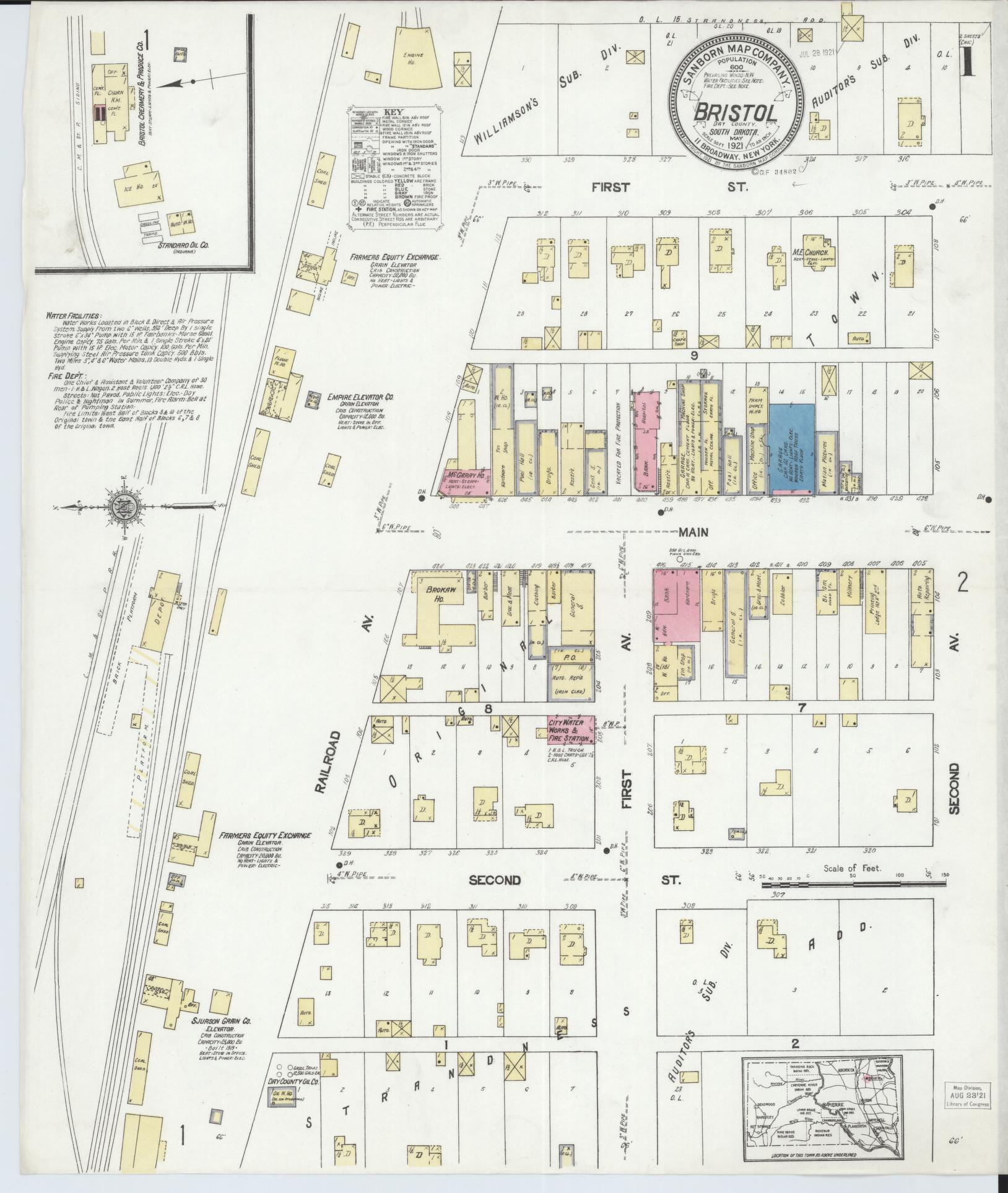 Sanborn Fire Insurance Map from Bristol, Day County, South Dakota (1921), Sheet #0001 - Complete Map Set gallery image, historic Sanborn map, vintage wall art, South Dakota South Dakota