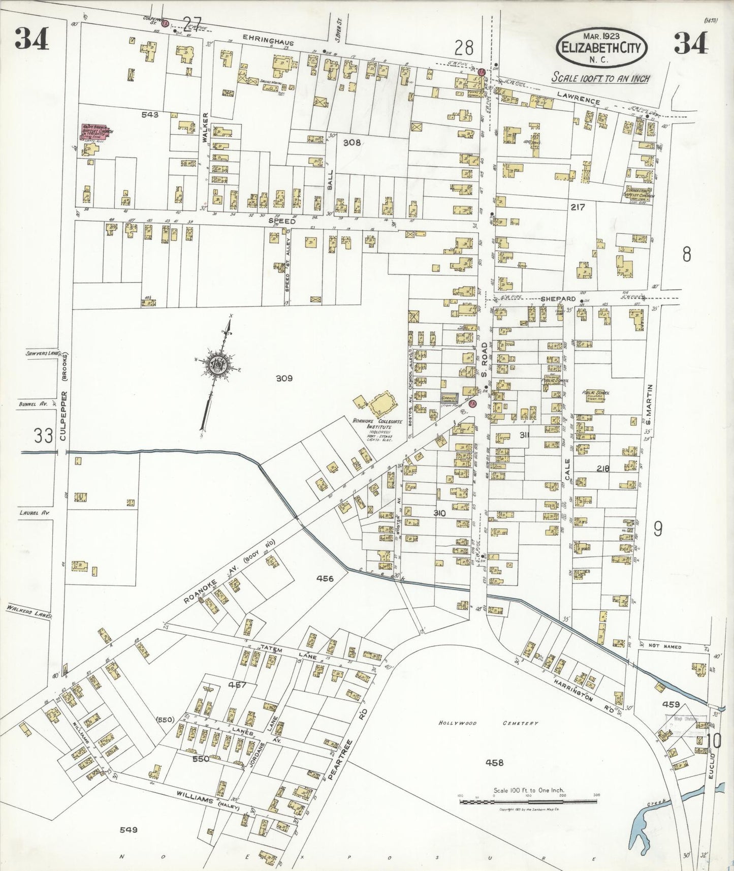 Sanborn Fire Insurance Map from Elizabeth City, Pasquotank County, North Carolina (1923), Sheet #0034 - Historic Sanborn Fire Insurance Map Print, vintage old map wall art, antique decor, genealogy gift, North Carolina North Carolina map