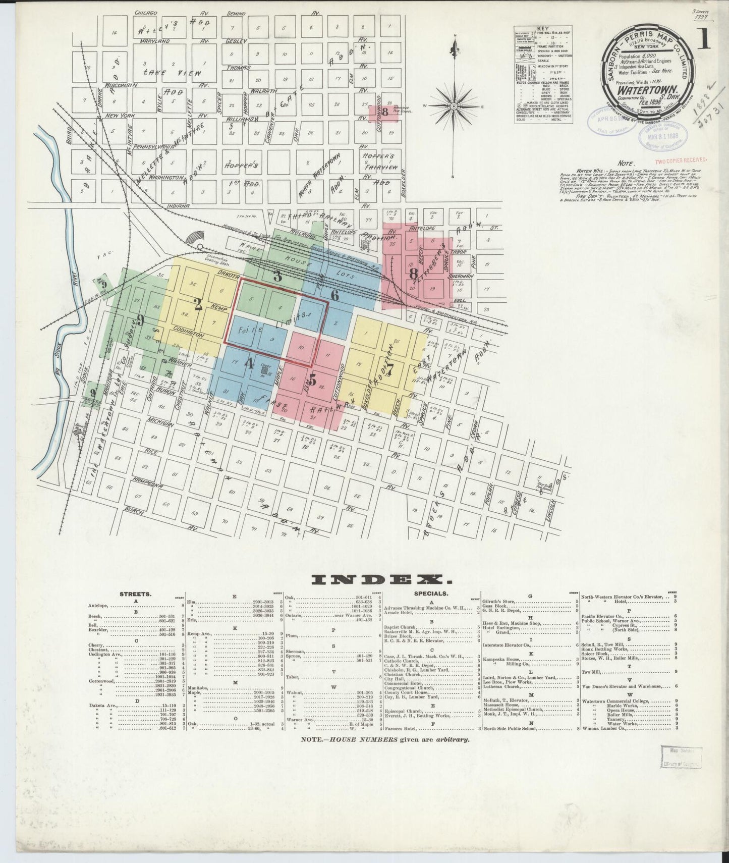 Sanborn Fire Insurance Map from Watertown, Codington County, South Dakota (1898), Sheet #0001 - Complete Map Set gallery image, historic Sanborn map, vintage wall art, South Dakota South Dakota