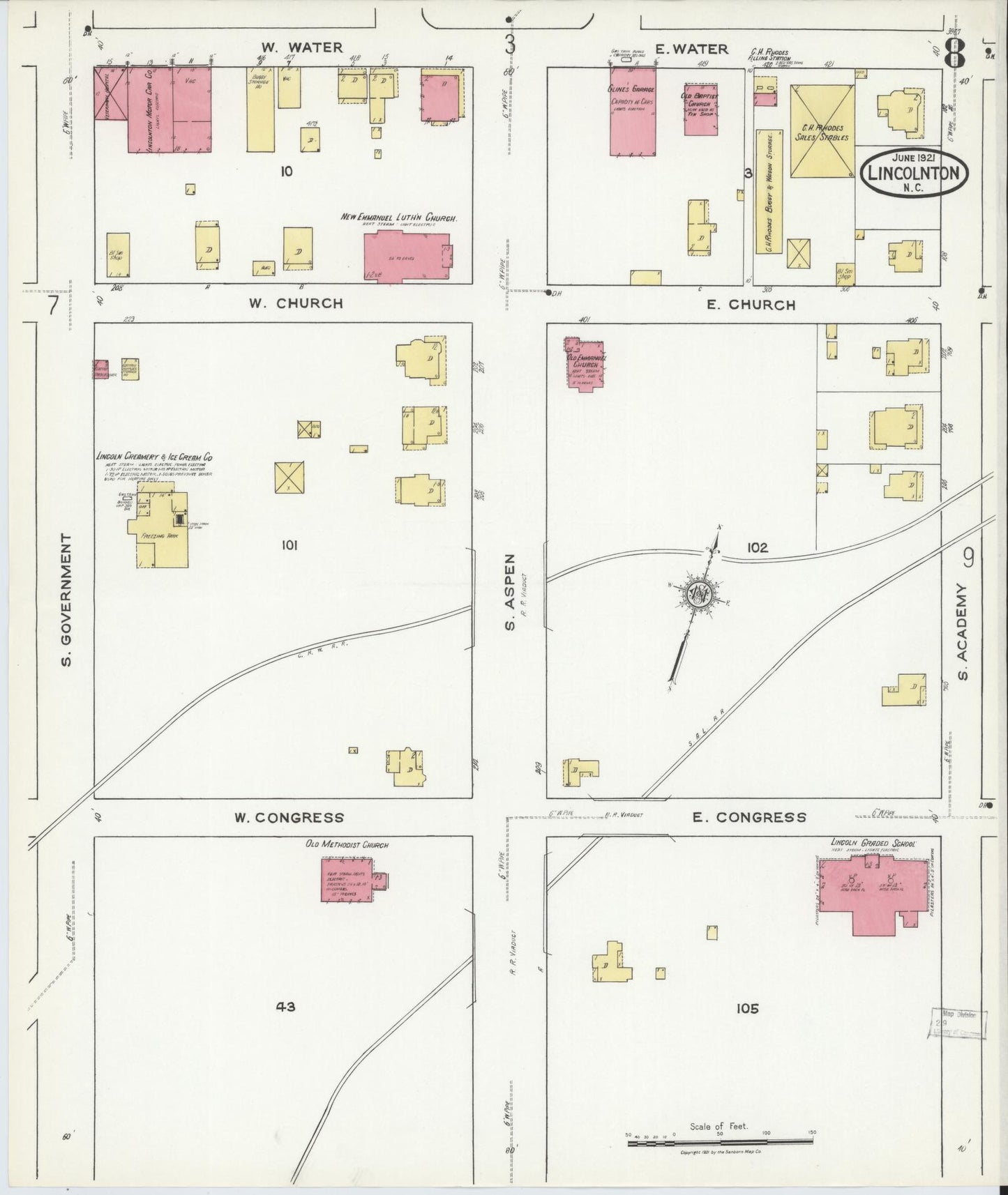 Sanborn Fire Insurance Map from Lincolnton, Lincoln County, North Carolina (1921), Sheet #0008 - Historic Sanborn Fire Insurance Map Print, vintage old map wall art, antique decor, genealogy gift, North Carolina North Carolina map