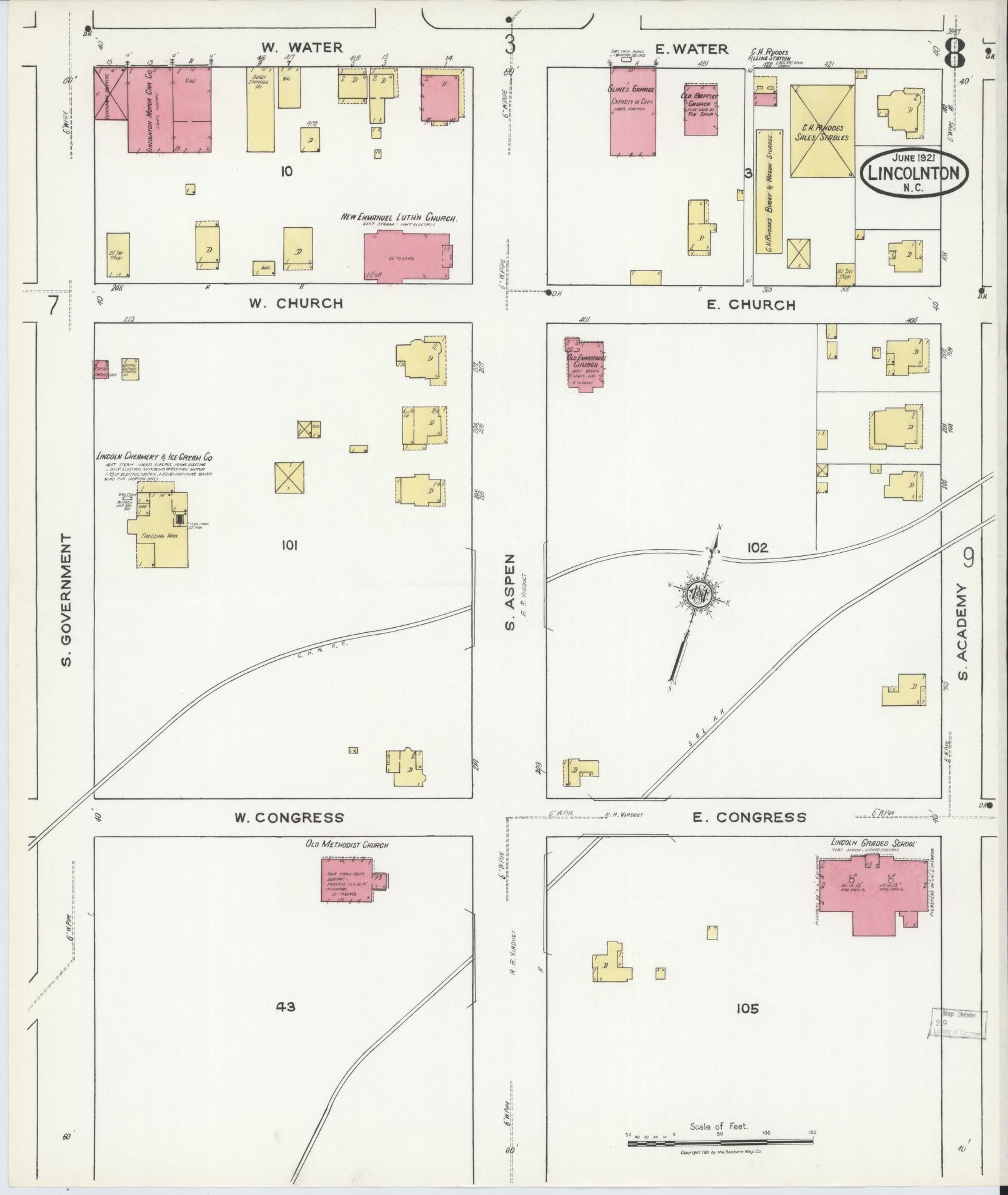 Sanborn Fire Insurance Map from Lincolnton, Lincoln County, North Carolina (1921), Sheet #0008 - Historic Sanborn Fire Insurance Map Print, vintage old map wall art, antique decor, genealogy gift, North Carolina North Carolina map