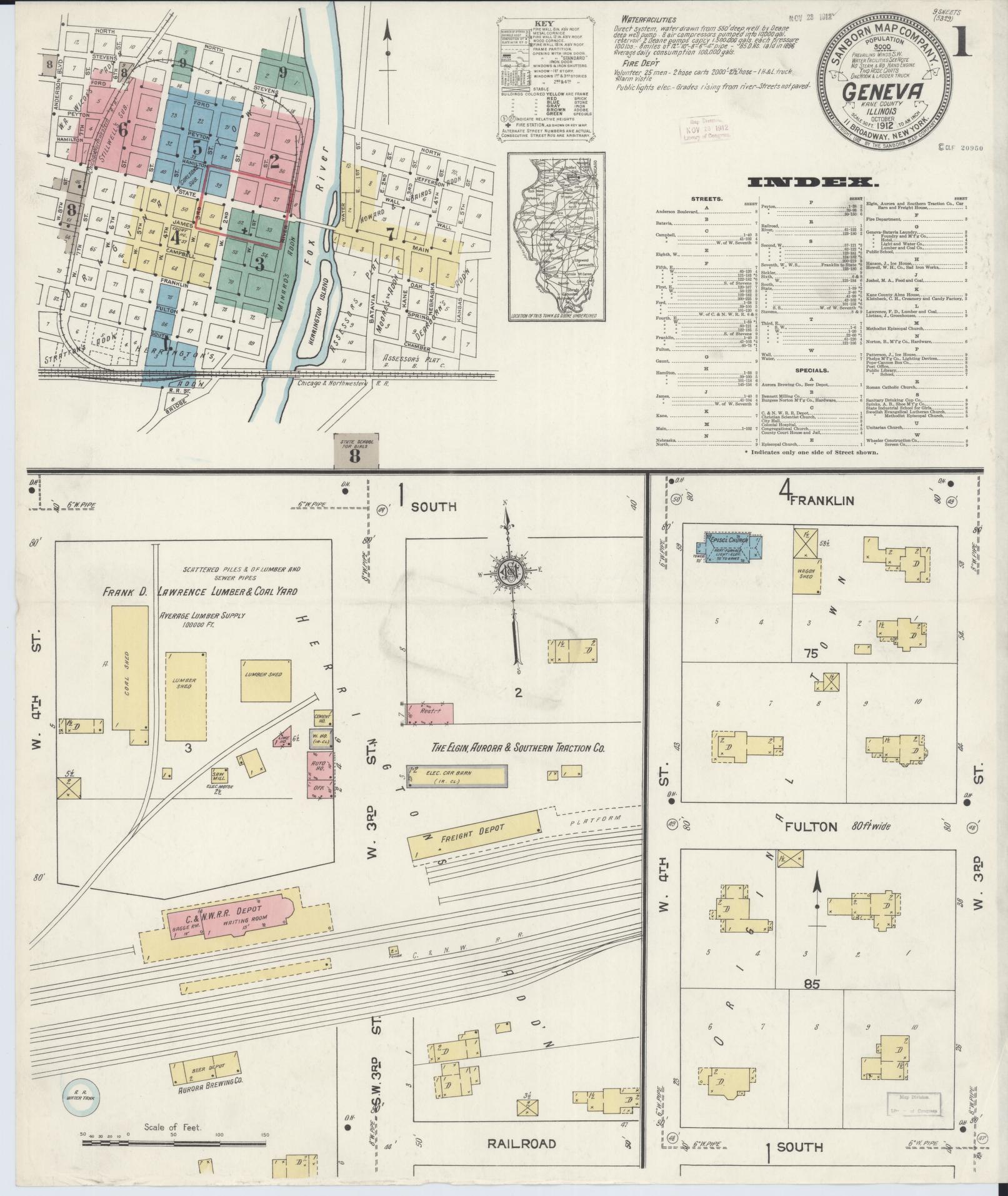 Sanborn Fire Insurance Map from Geneva, Kane County, Illinois (1912), Sheet #0001 - Historic Sanborn Fire Insurance Map Print, vintage old map wall art, antique decor, genealogy gift, Illinois Illinois map