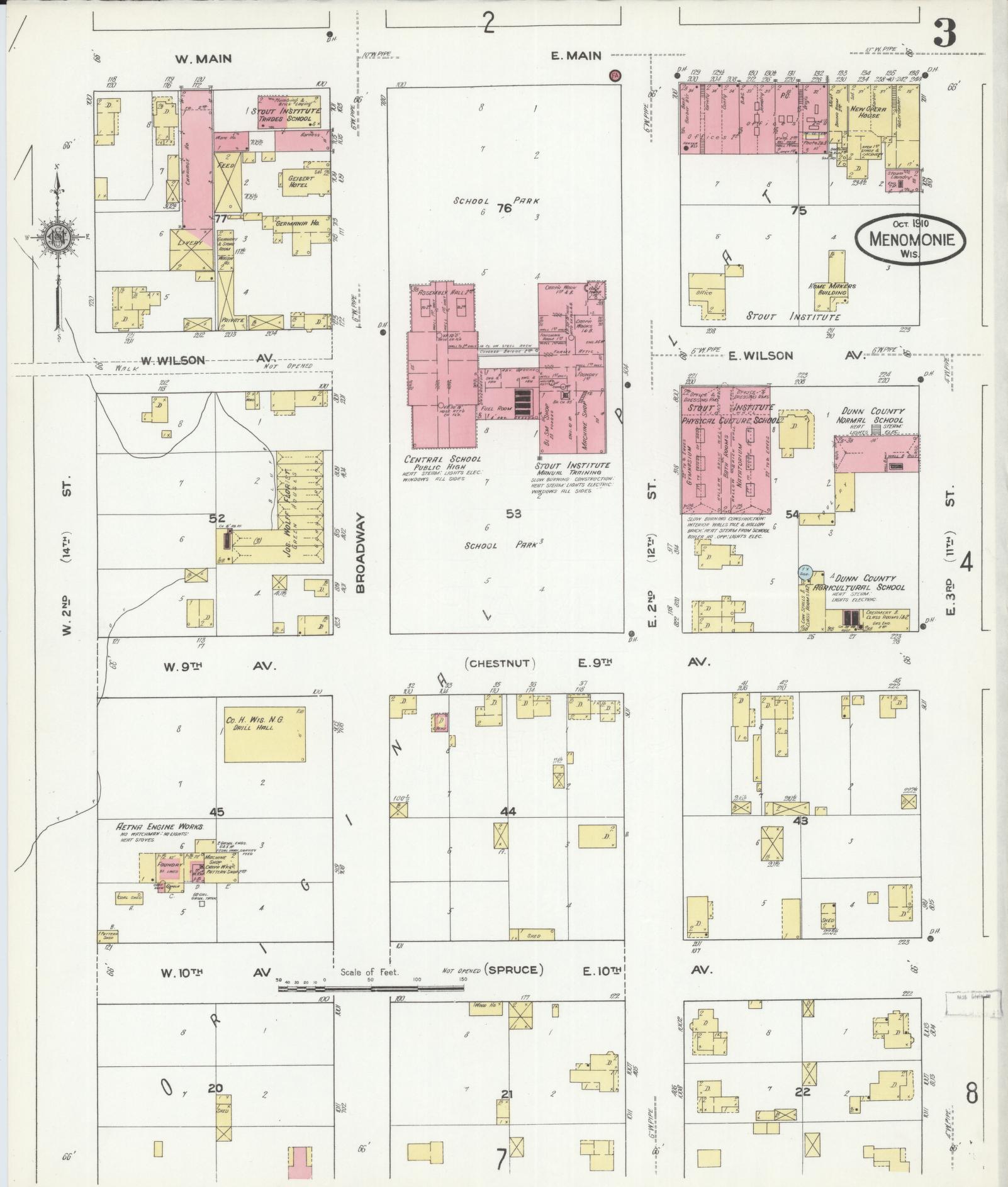 Sanborn Fire Insurance Map from Menomonie, Dunn County, Wisconsin (1910), Sheet #0003 - Complete Map Set gallery image, historic Sanborn map, vintage wall art, Wisconsin Wisconsin