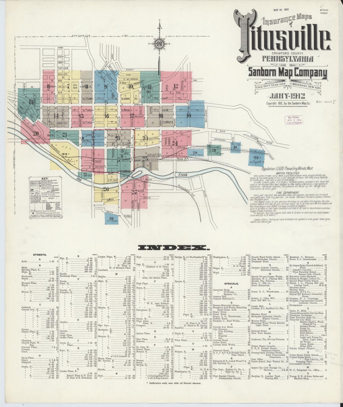 Sanborn Fire Insurance Map from Titusville, Crawford County, Pennsylvania (1912), Sheet #0001 - Historic Sanborn Fire Insurance Map Print, vintage old map wall art, antique decor, genealogy gift, Pennsylvania Pennsylvania map
