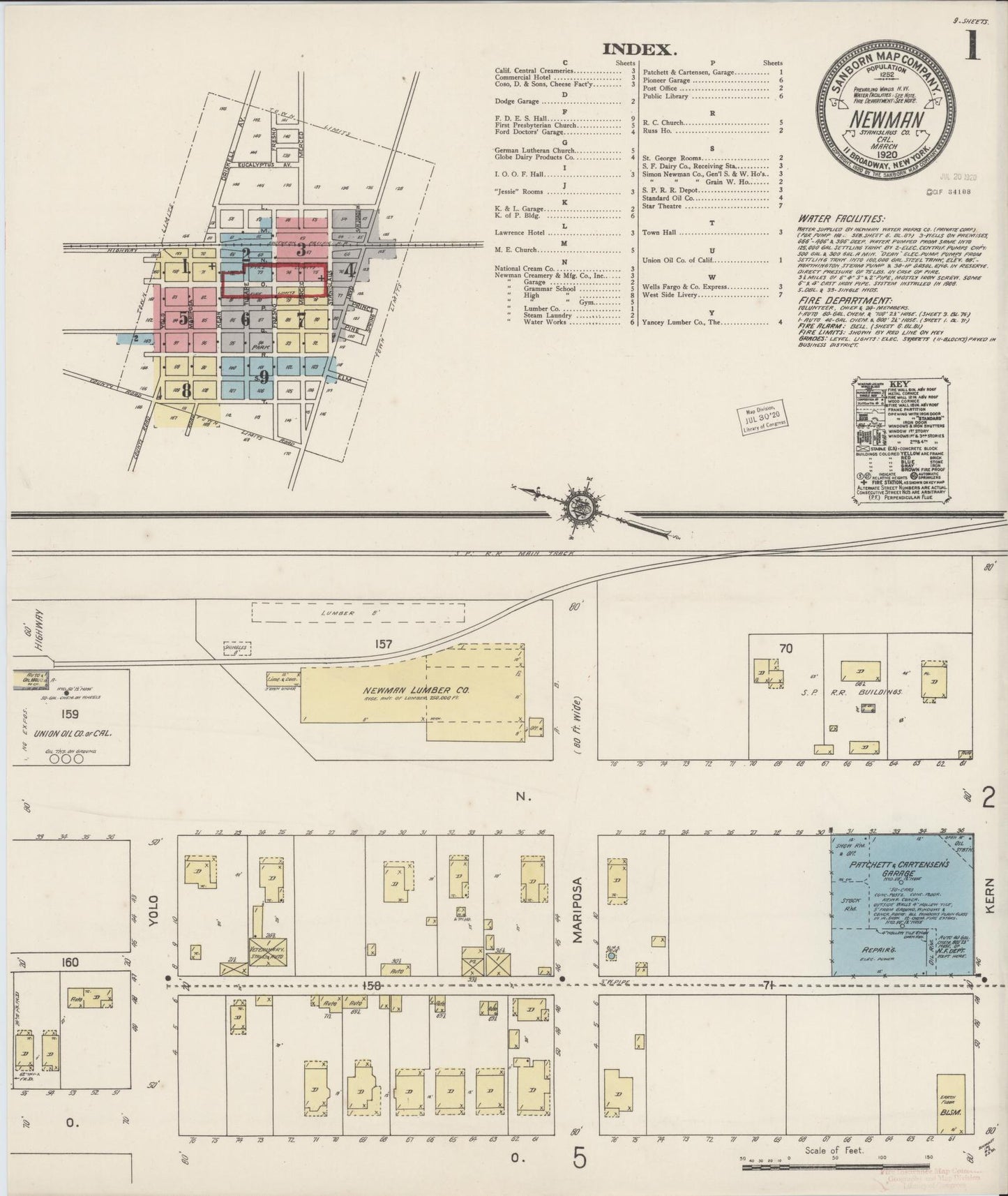 Sanborn Fire Insurance Map from Newman, Stanislaus County, California (1920), Sheet #0001 - Complete Map Set gallery image, historic Sanborn map, vintage wall art, California California