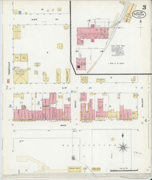 Sanborn Fire Insurance Map from Seneca, Oconee County, South Carolina (1906), Sheet #0003 - Historic Sanborn Fire Insurance Map Print, vintage old map wall art, antique decor, genealogy gift, South Carolina South Carolina map