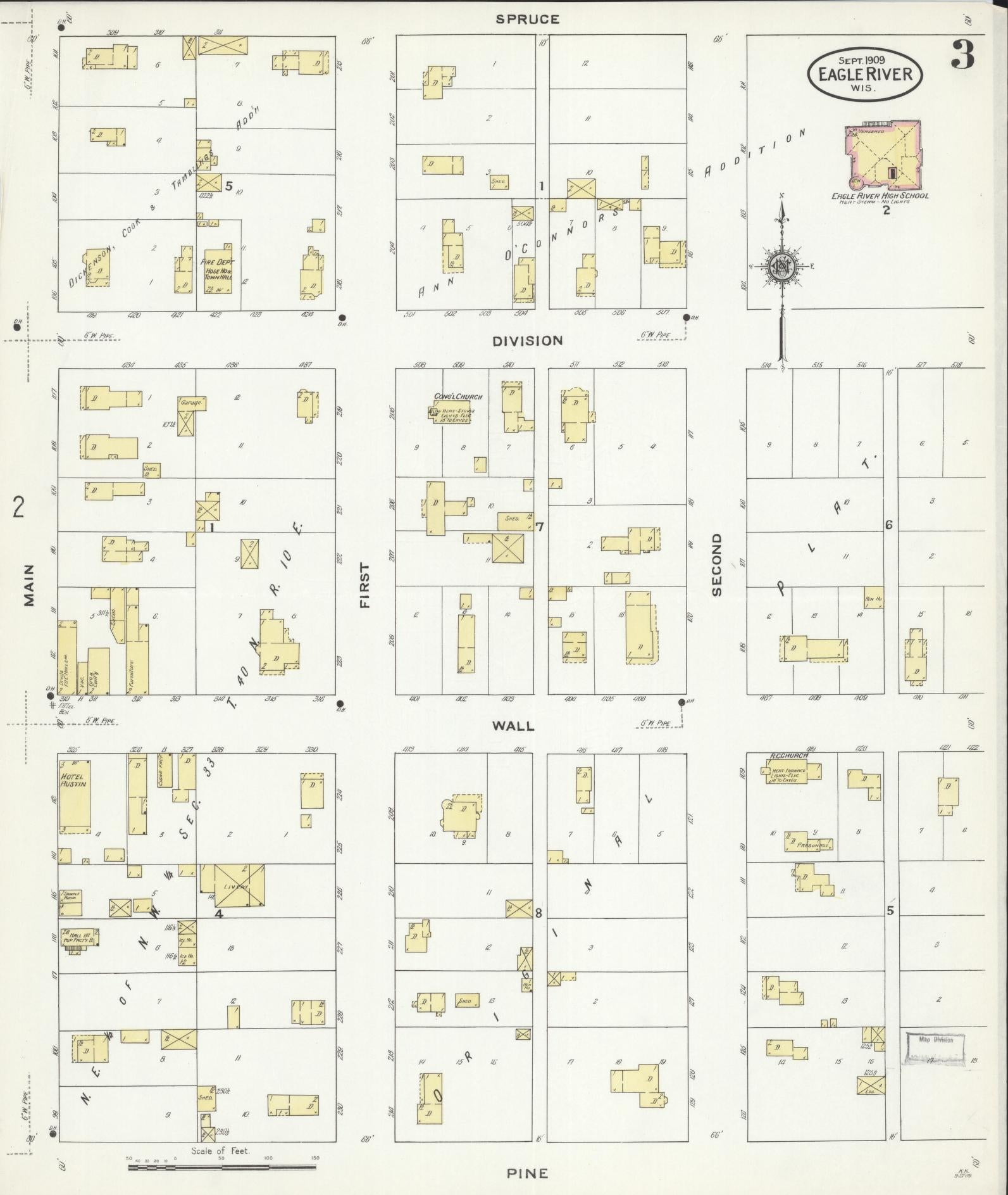 Sanborn Fire Insurance Map from Eagle River, Vilas County, Wisconsin (1909), Sheet #0003 - Historic Sanborn Fire Insurance Map Print, vintage old map wall art, antique decor, genealogy gift, Wisconsin Wisconsin map