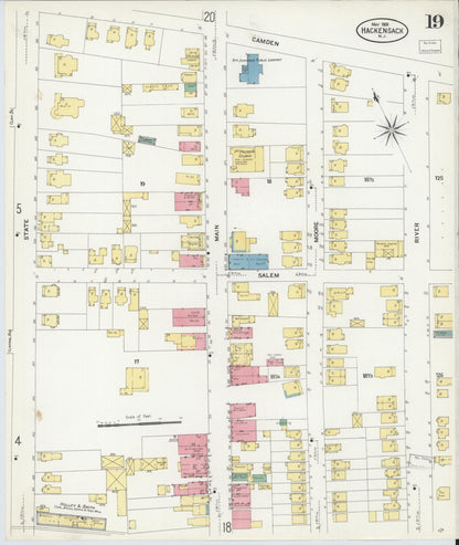 Sanborn Fire Insurance Map from Hackensack, Bergen County, New Jersey (1908), Sheet #0019 - Historic Sanborn Fire Insurance Map Print, vintage old map wall art, antique decor, genealogy gift, New Jersey New Jersey map