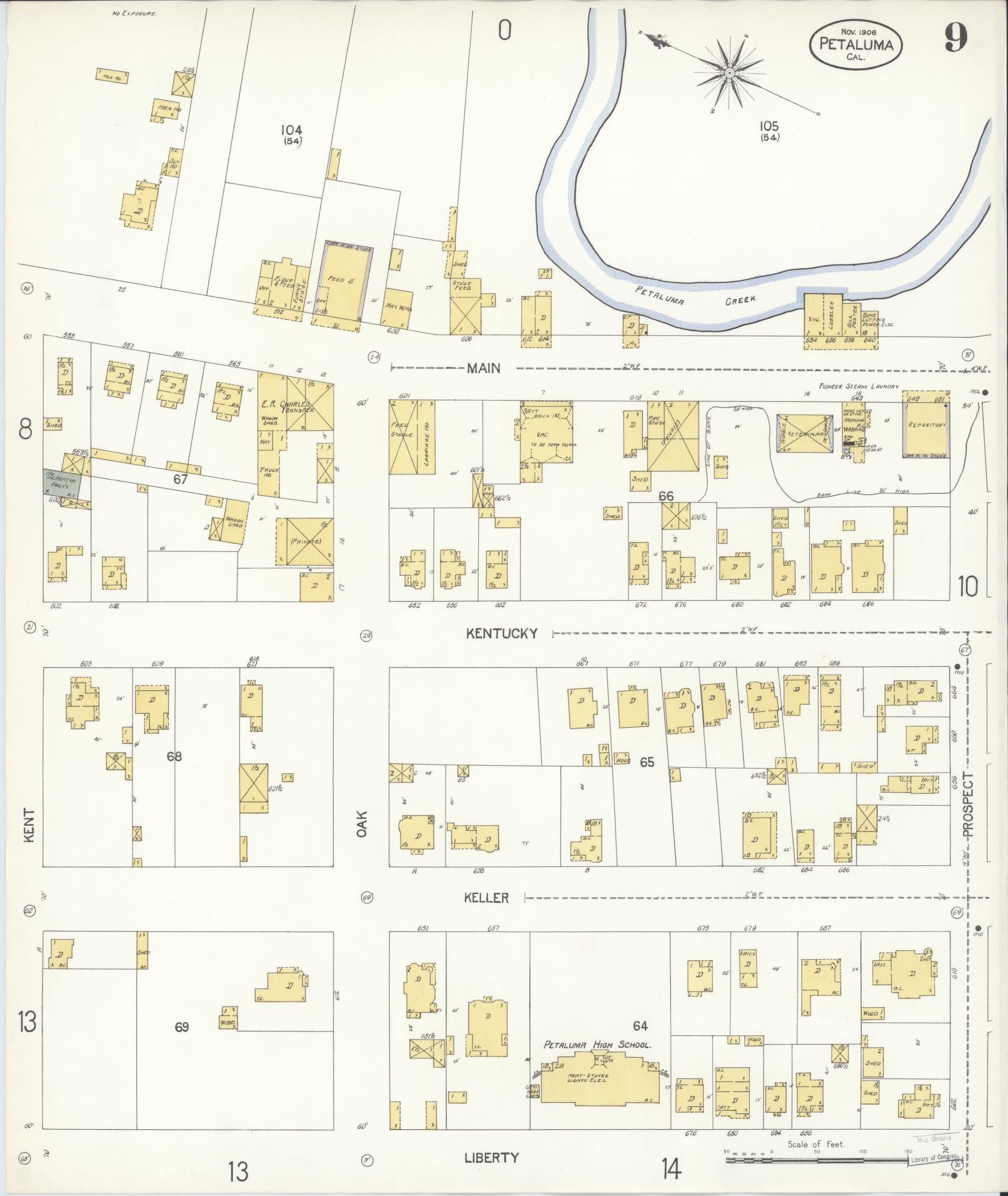 Sanborn Fire Insurance Map from Petaluma, Sonoma County, California (1906), Sheet #0009 - Complete Map Set gallery image, historic Sanborn map, vintage wall art, California California