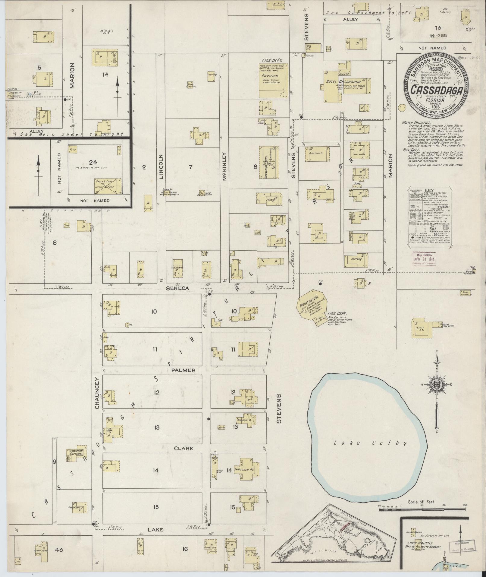 Sanborn Fire Insurance Map from Cassadaga, Volusia County, Florida (1915), Sheet #0001 - Historic Sanborn Fire Insurance Map Print, vintage old map wall art, antique decor, genealogy gift, Florida Florida map