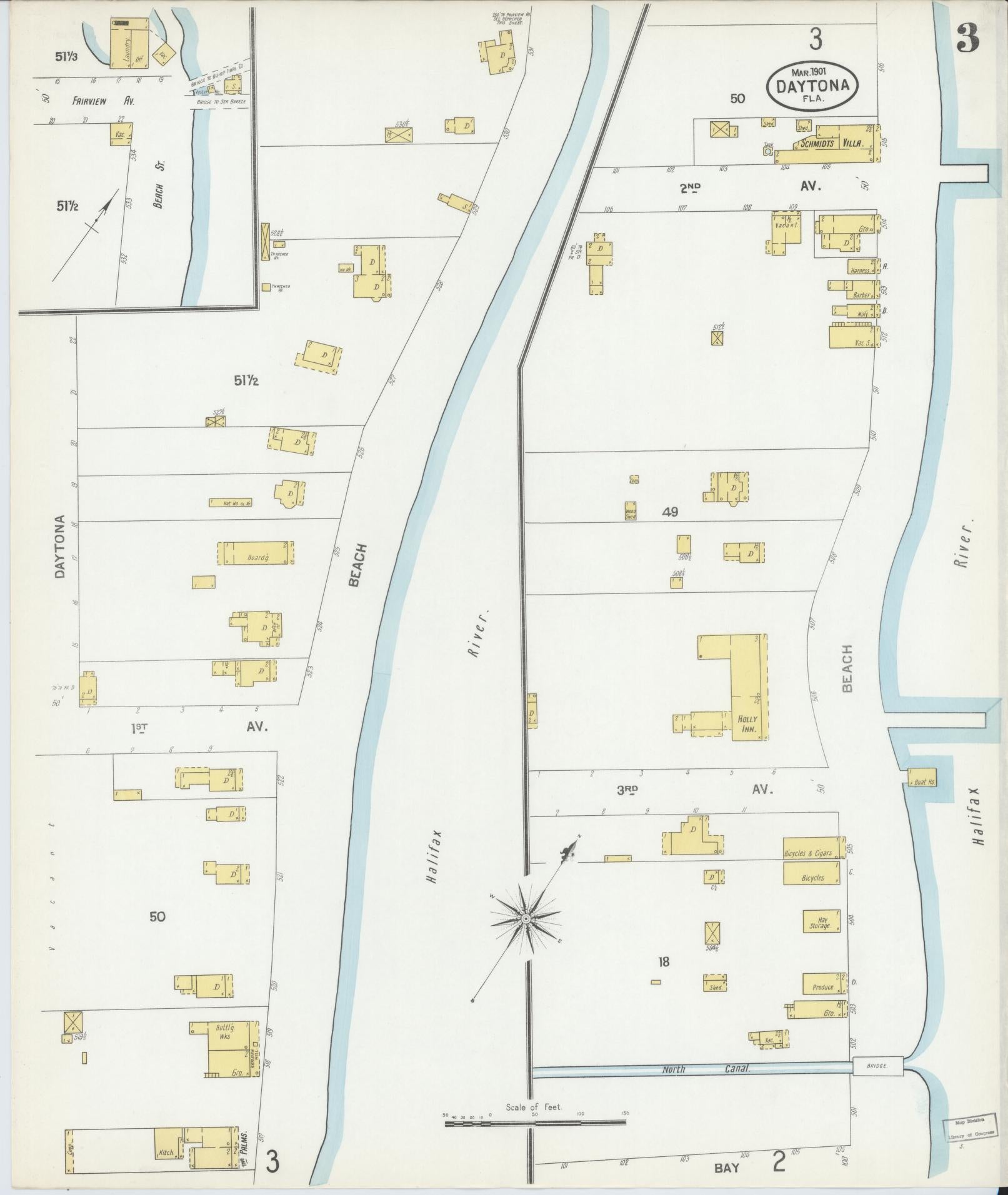 Sanborn Fire Insurance Map from Daytona, Volusia County, Florida (1901), Sheet #0003 - Historic Sanborn Fire Insurance Map Print, vintage old map wall art, antique decor, genealogy gift, Florida Florida map