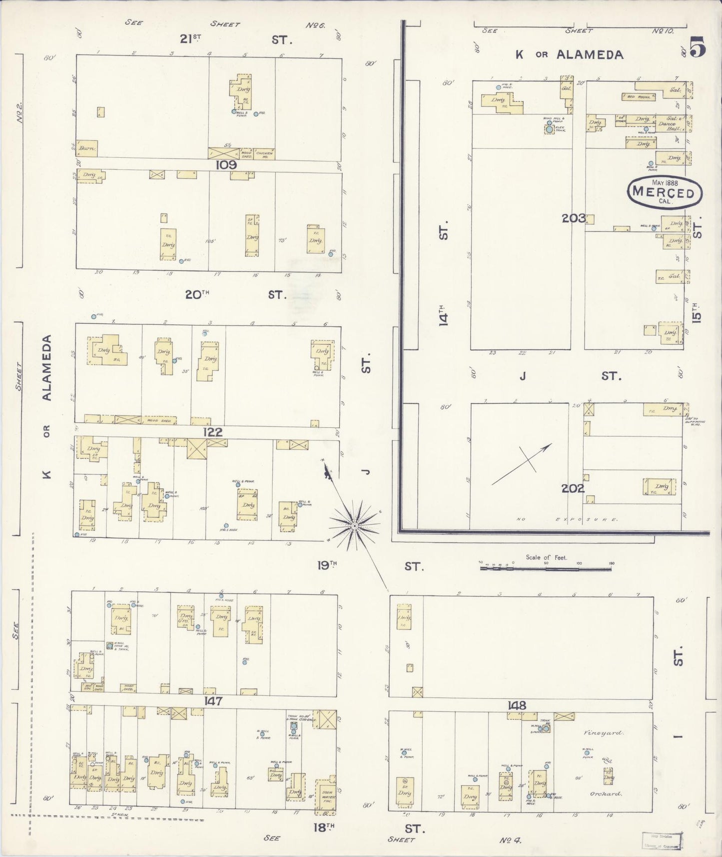 Sanborn Fire Insurance Map from Merced, Merced County, California (1888), Sheet #0005 - Historic Sanborn Fire Insurance Map Print, vintage old map wall art, antique decor, genealogy gift, California California map
