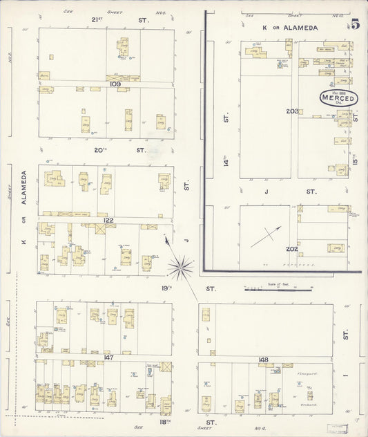 Sanborn Fire Insurance Map from Merced, Merced County, California (1888), Sheet #0005 - Historic Sanborn Fire Insurance Map Print, vintage old map wall art, antique decor, genealogy gift, California California map