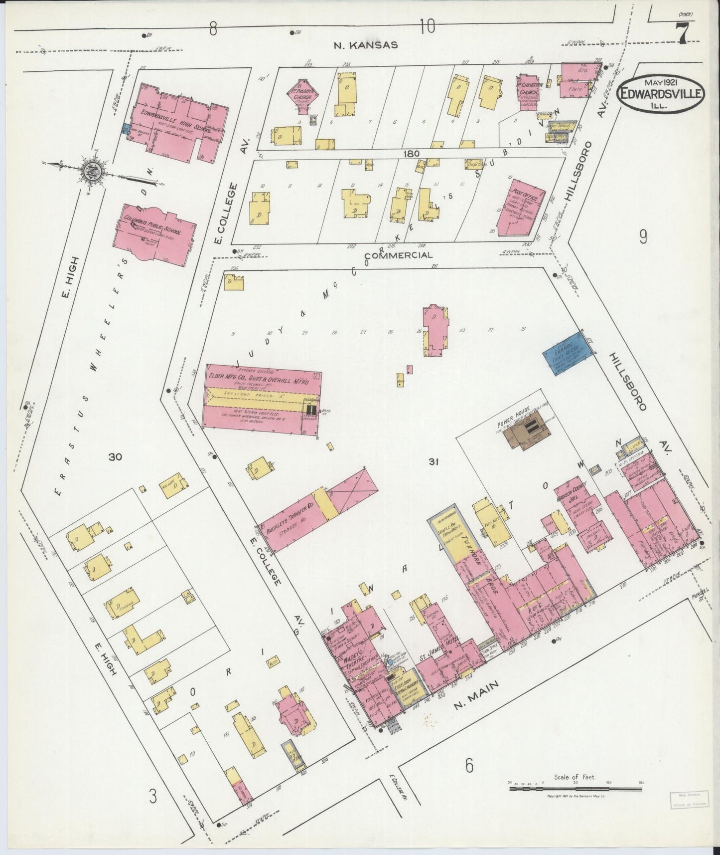 Sanborn Fire Insurance Map from Edwardsville, Madison County, Illinois (1921), Sheet #0007 - Historic Sanborn Fire Insurance Map Print, vintage old map wall art, antique decor, genealogy gift, Illinois Illinois map