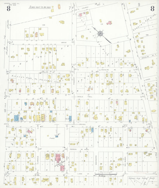 Sanborn Fire Insurance Map from Crystal Lake, McHenry County, Illinois (1936), Sheet #0008 - Historic Sanborn Fire Insurance Map Print, vintage old map wall art, antique decor, genealogy gift, Illinois Illinois map