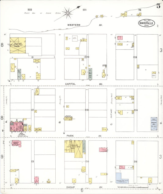 Sanborn Fire Insurance Map from Idaho Falls, Bonneville County, Idaho (1905), Sheet #0005 - Historic Sanborn Fire Insurance Map Print, vintage old map wall art, antique decor, genealogy gift, Idaho Idaho map