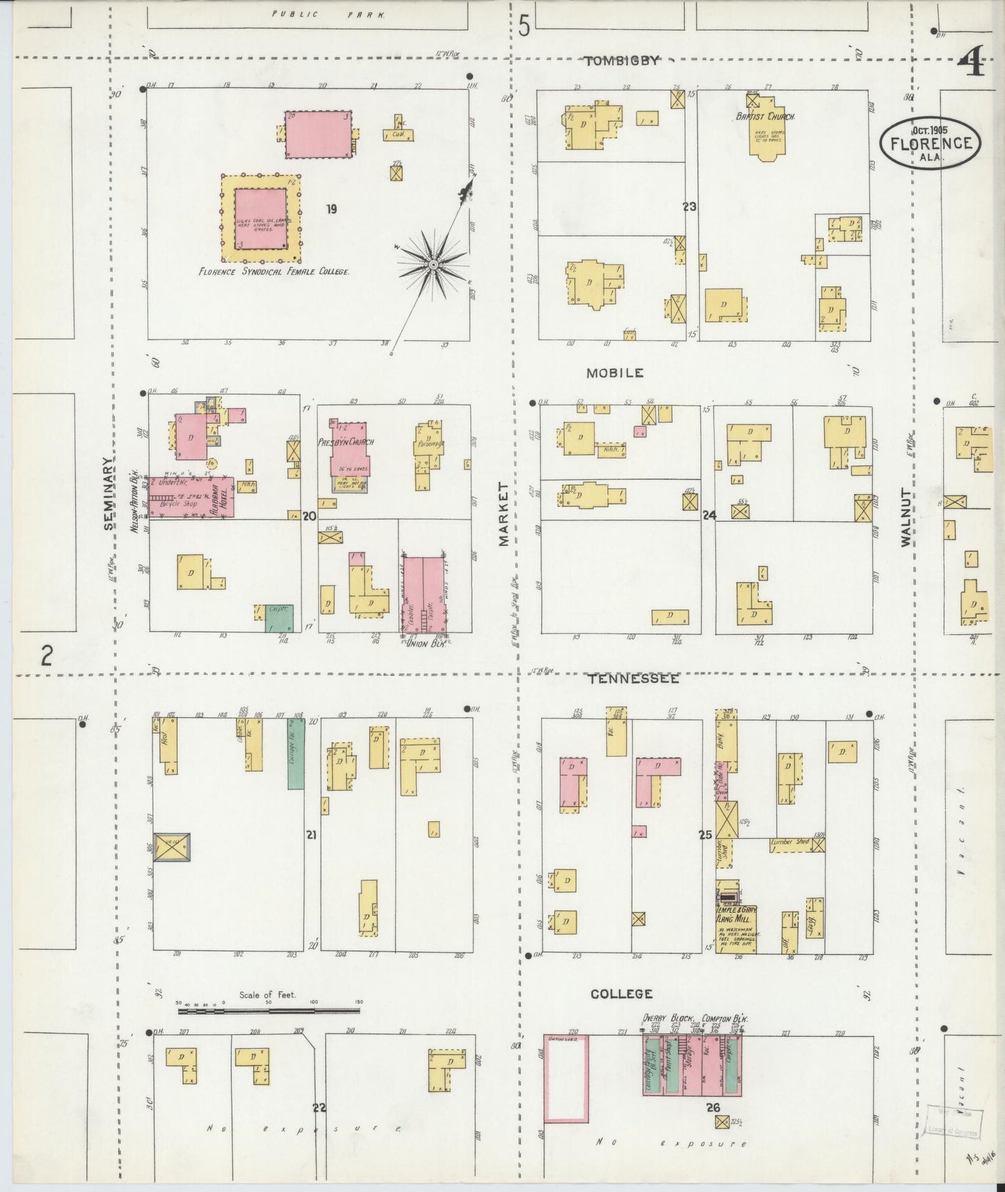 Sanborn Fire Insurance Map from Florence, Lauderdale County, Alabama (1905), Sheet #0004 - Historic Sanborn Fire Insurance Map Print, vintage old map wall art, antique decor, genealogy gift, Alabama Alabama map