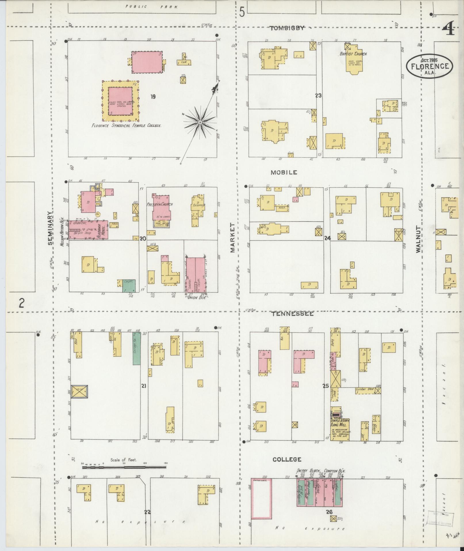 Sanborn Fire Insurance Map from Florence, Lauderdale County, Alabama (1905), Sheet #0004 - Historic Sanborn Fire Insurance Map Print, vintage old map wall art, antique decor, genealogy gift, Alabama Alabama map