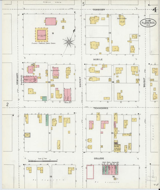 Sanborn Fire Insurance Map from Florence, Lauderdale County, Alabama (1905), Sheet #0004 - Historic Sanborn Fire Insurance Map Print, vintage old map wall art, antique decor, genealogy gift, Alabama Alabama map